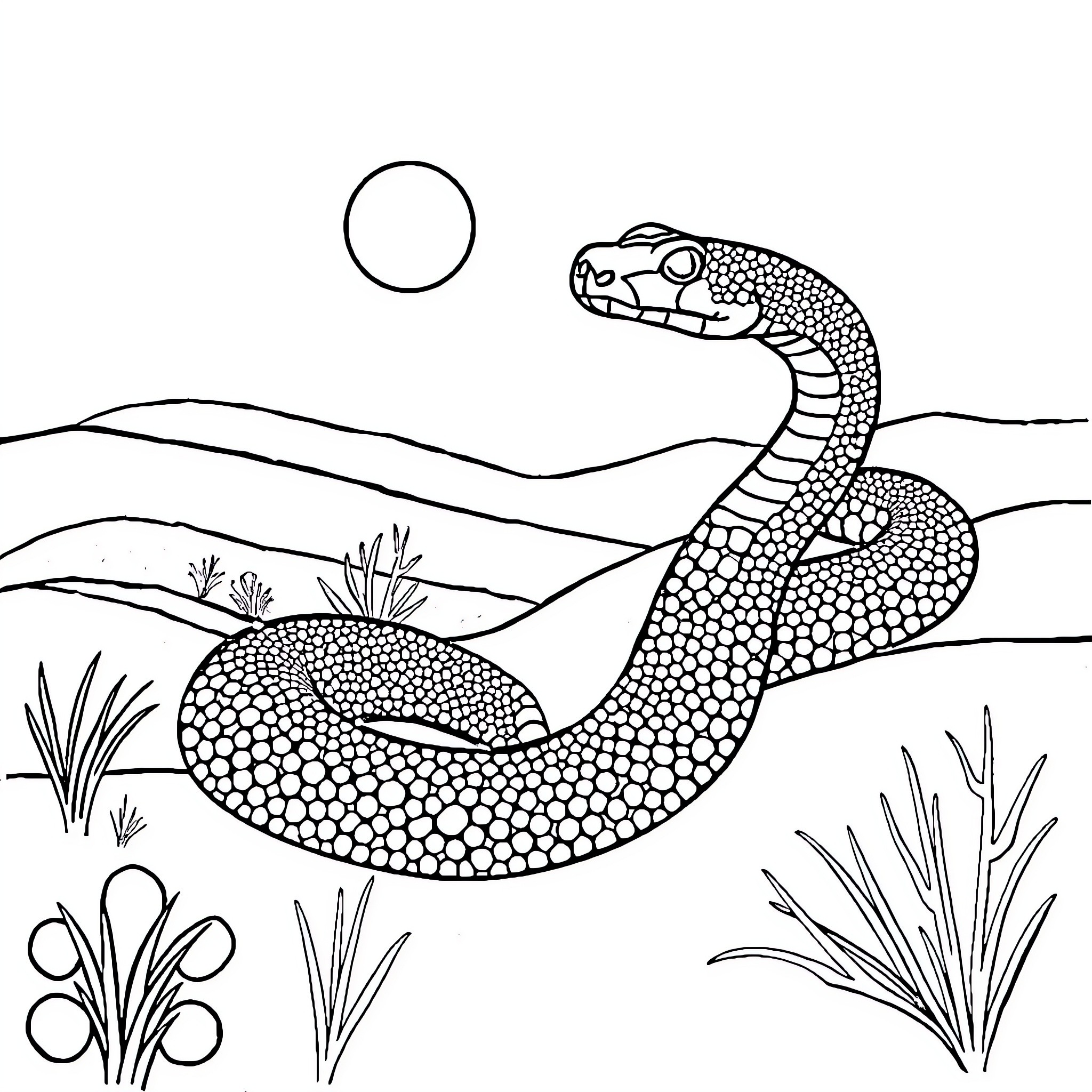 Snake slithering through desert landscape Coloring Page (free black-and-white line drawing printable PDF for all, from beginners to advanced learners, including children, teens, adults, and seniors)