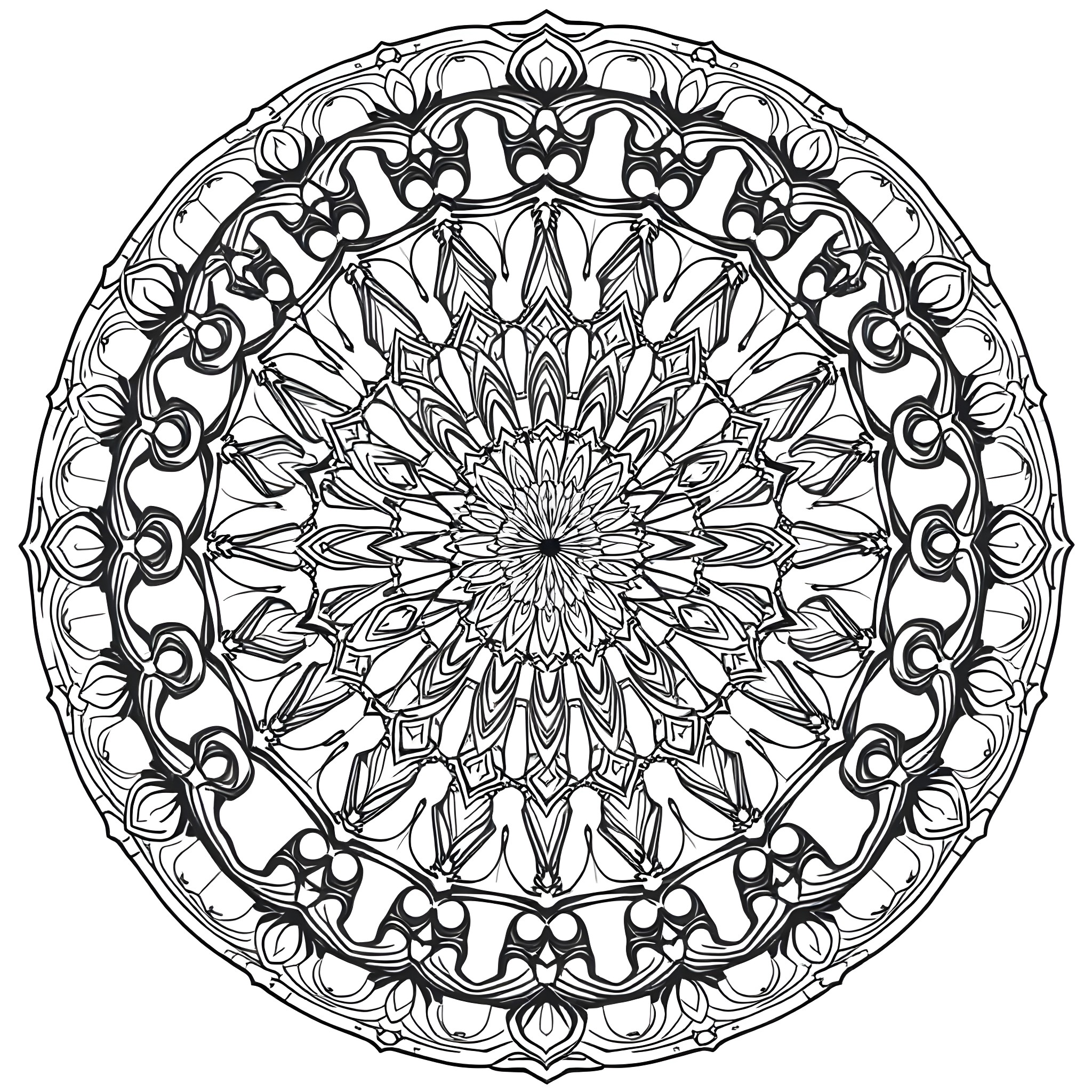 Circle of Intricate Floral Patterns Coloring Page (free black-and-white line drawing printable PDF for all, from beginners to advanced learners, including children, teens, adults, and seniors)
