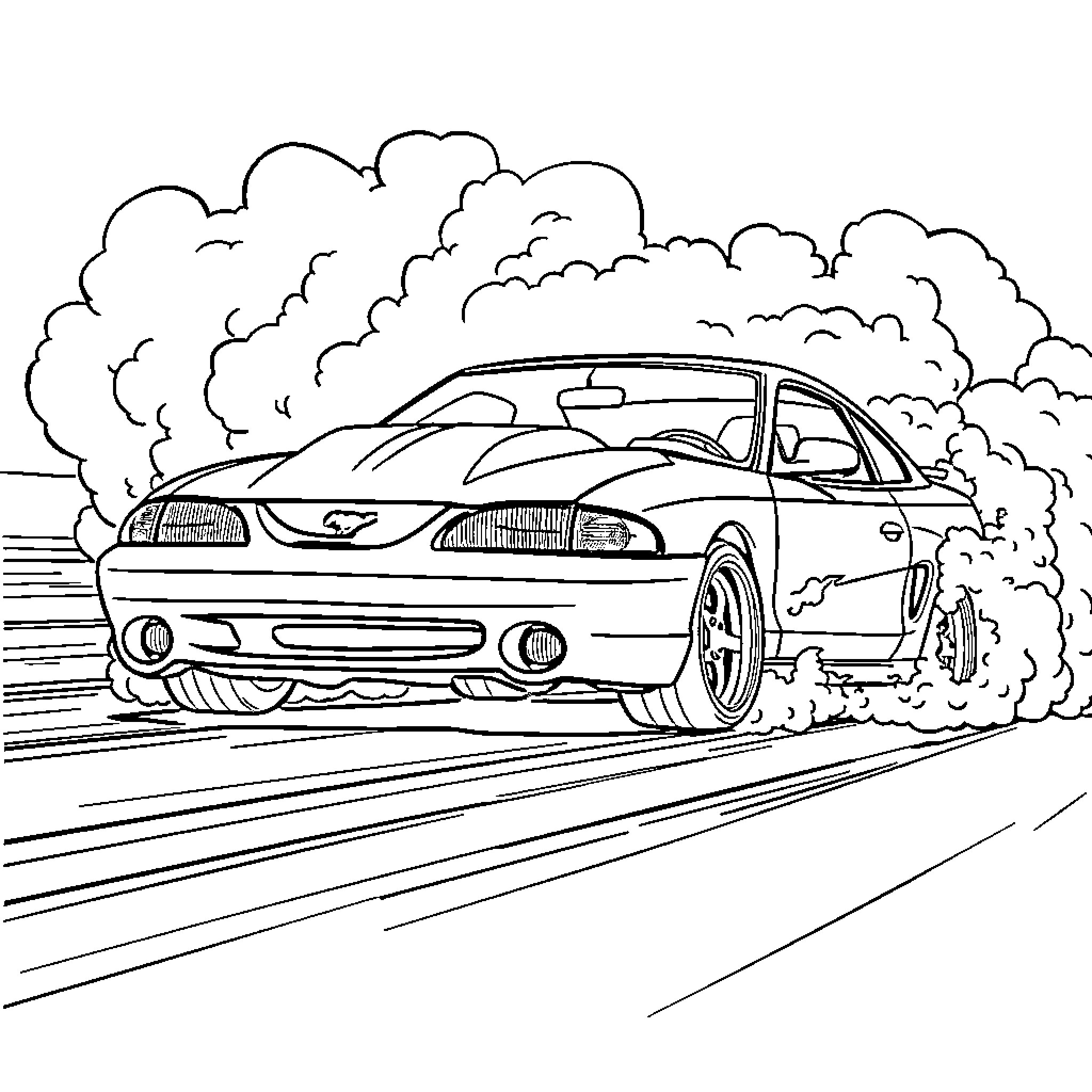 Mustang racing through the clouds Coloring Page (free black-and-white line drawing printable PDF for all, from beginners to advanced learners, including children, teens, adults, and seniors)