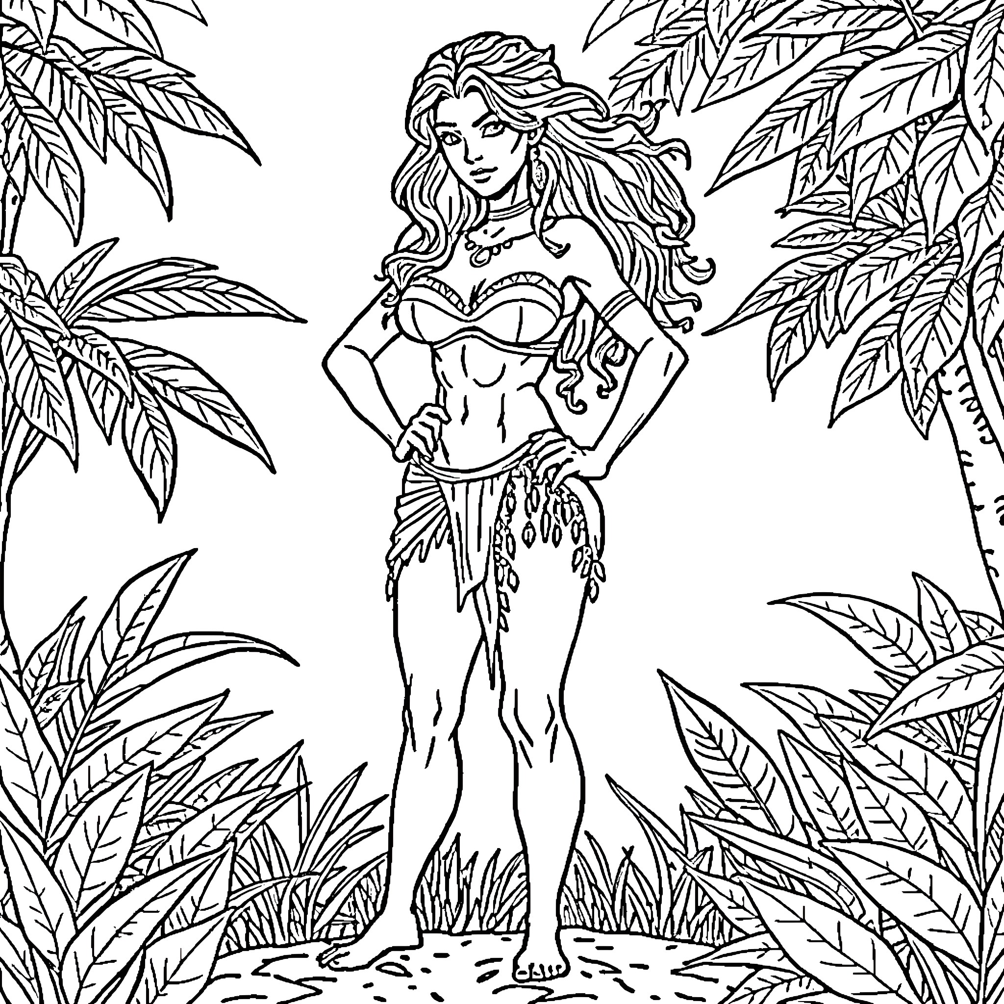 Amazonian Woman Surrounded by Lush Tropical Foliage Coloring Page (free black-and-white line drawing printable PDF for all, from beginners to advanced learners, including children, teens, adults, and seniors)