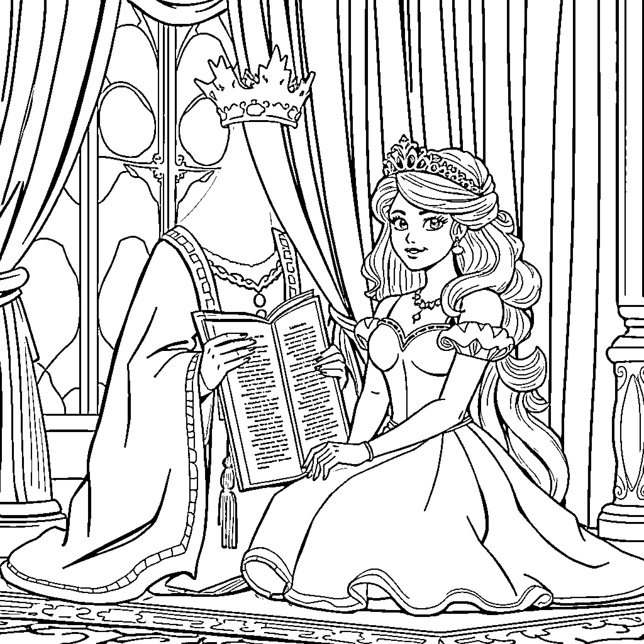 Torah Torah Study in Royal Palace Coloring Page (free black-and-white line drawing printable PDF for all, from beginners to advanced learners, including children, teens, adults, and seniors)