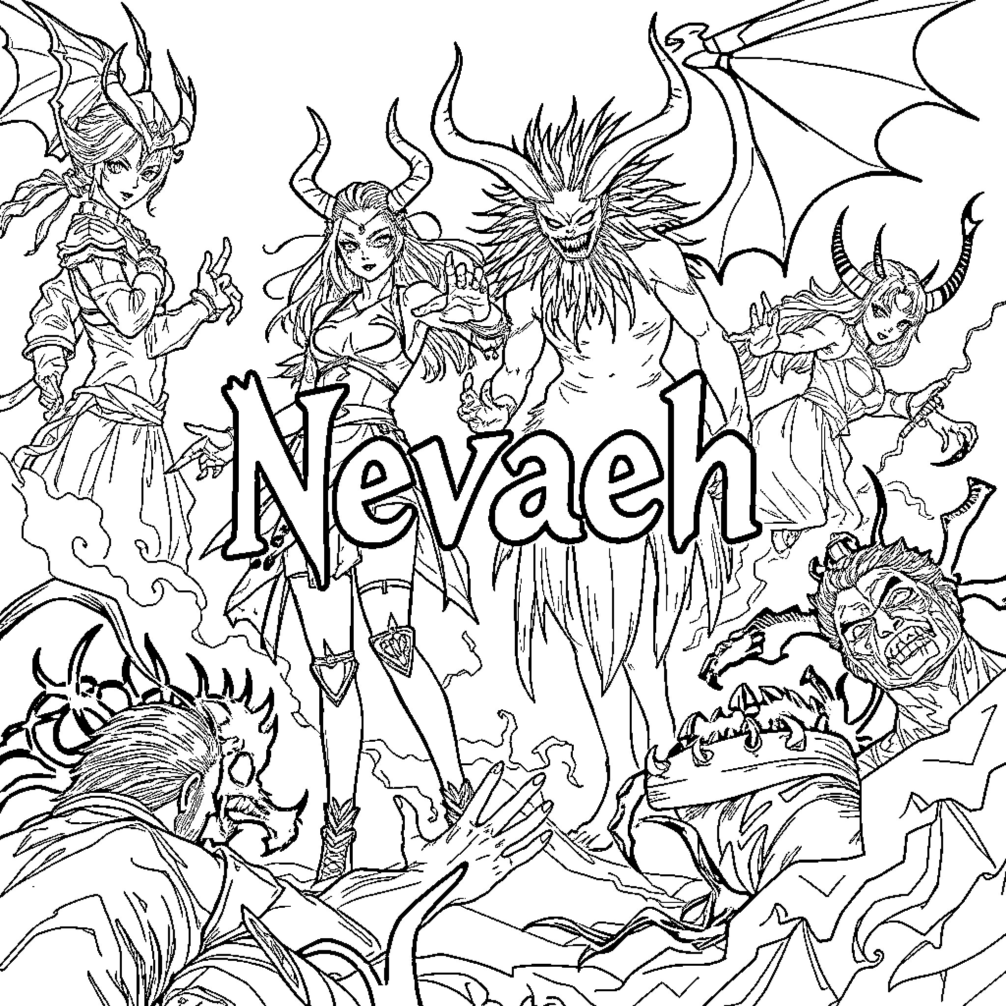 Nevaeh's Fantastical Realm of Mythical Creatures Coloring Page (free black-and-white line drawing printable PDF for all, from beginners to advanced learners, including children, teens, adults, and seniors)