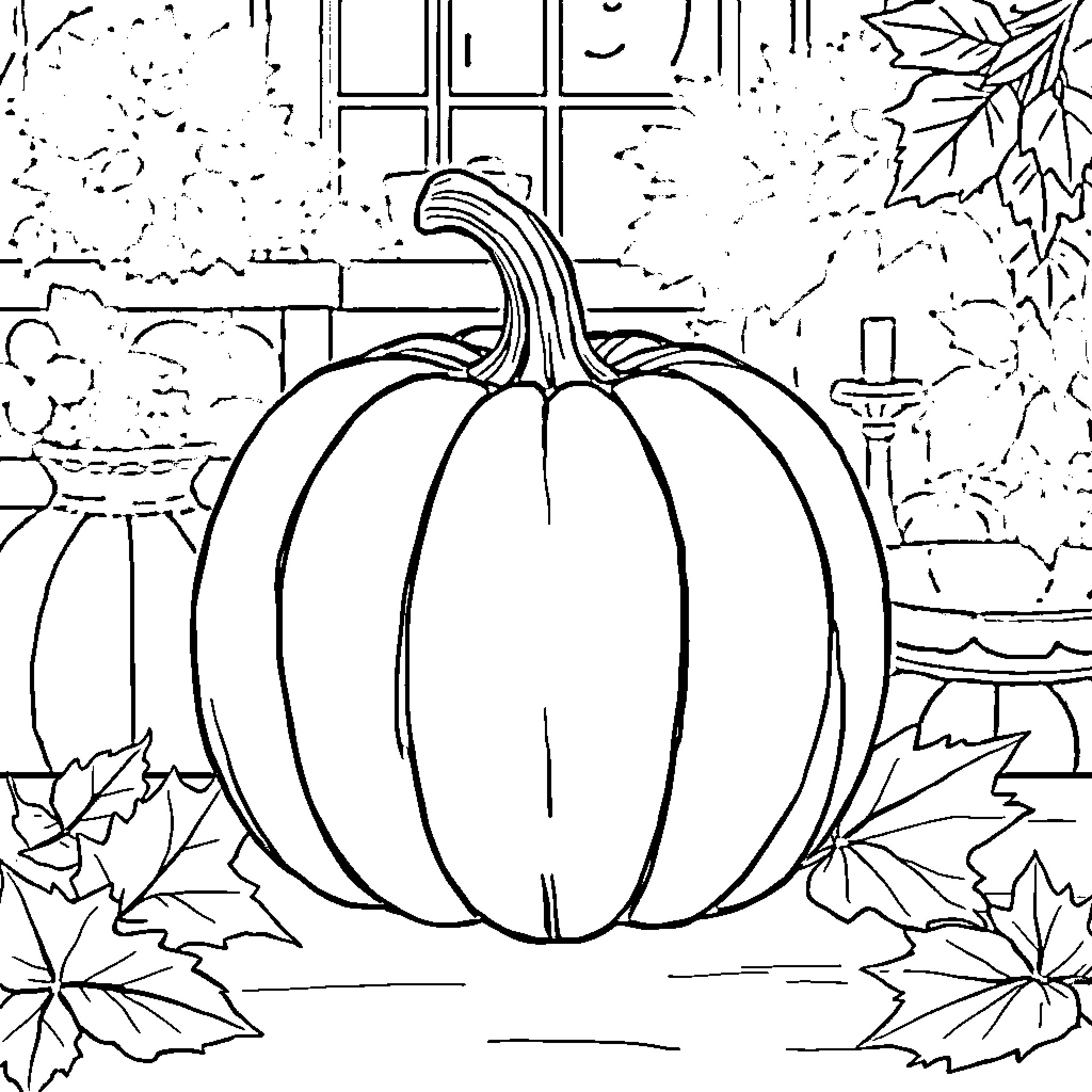 Pumpkin in Cozy Autumn Scene Coloring Page (free black-and-white line drawing printable PDF for all, from beginners to advanced learners, including children, teens, adults, and seniors)