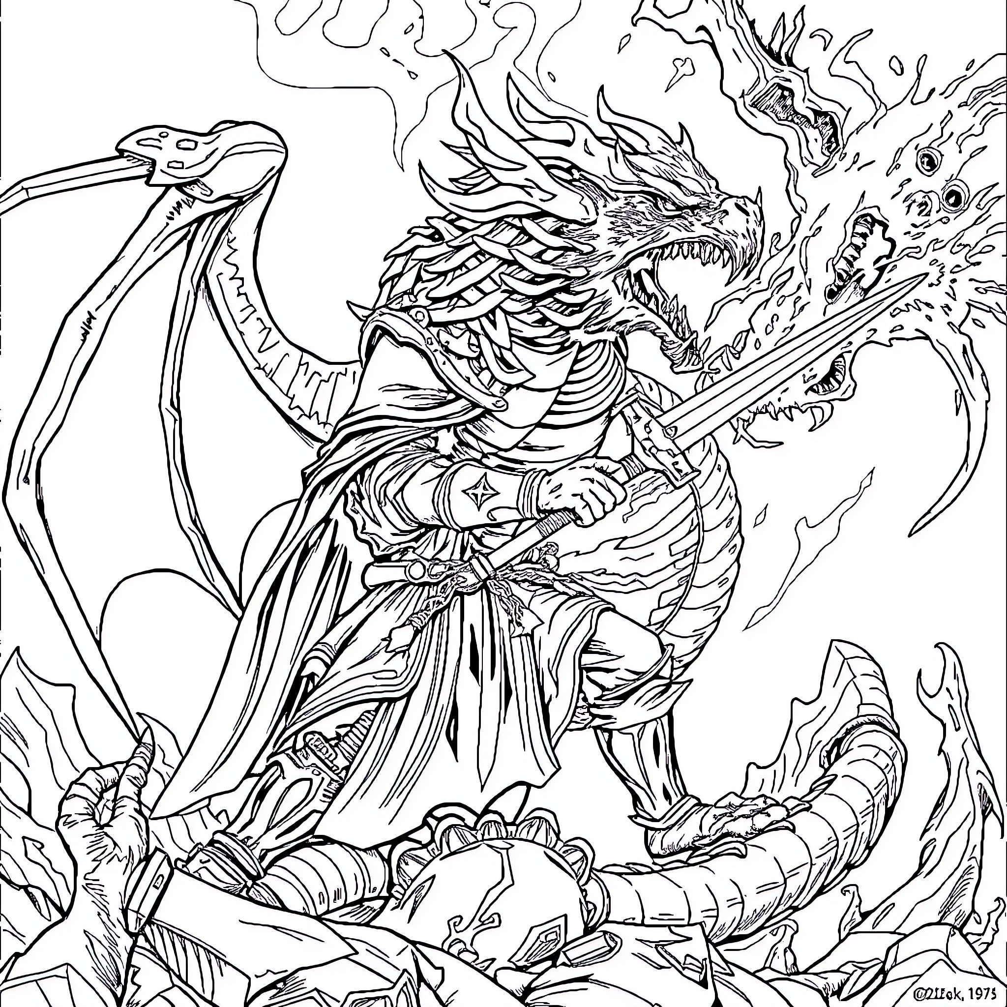 Knight battling a fierce dragon in a fantastical scene Coloring Page (free black-and-white line drawing printable PDF for all, from beginners to advanced learners, including children, teens, adults, and seniors)