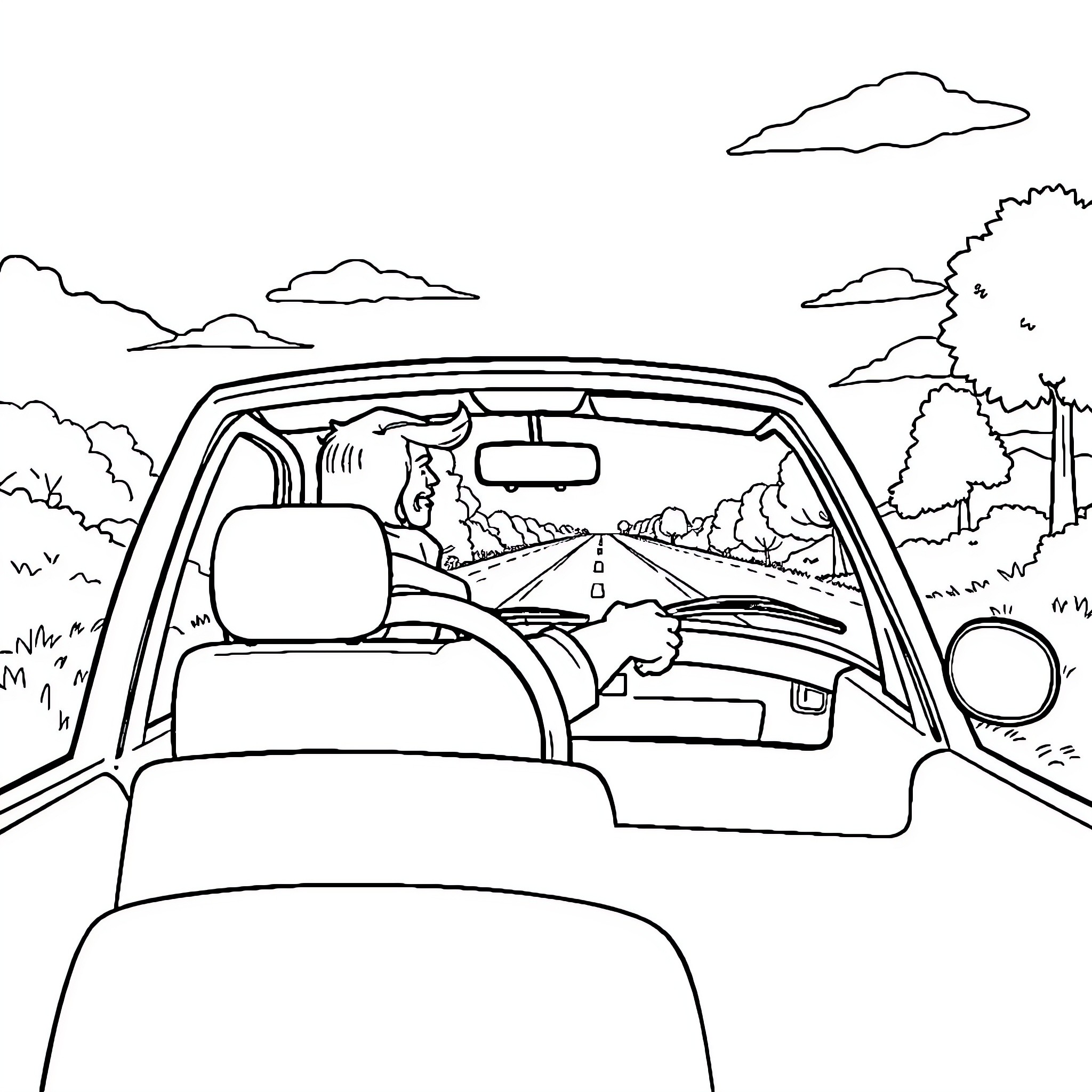 India Car Driving Through Scenic Countryside Coloring Page (free black-and-white line drawing printable PDF for all, from beginners to advanced learners, including children, teens, adults, and seniors)