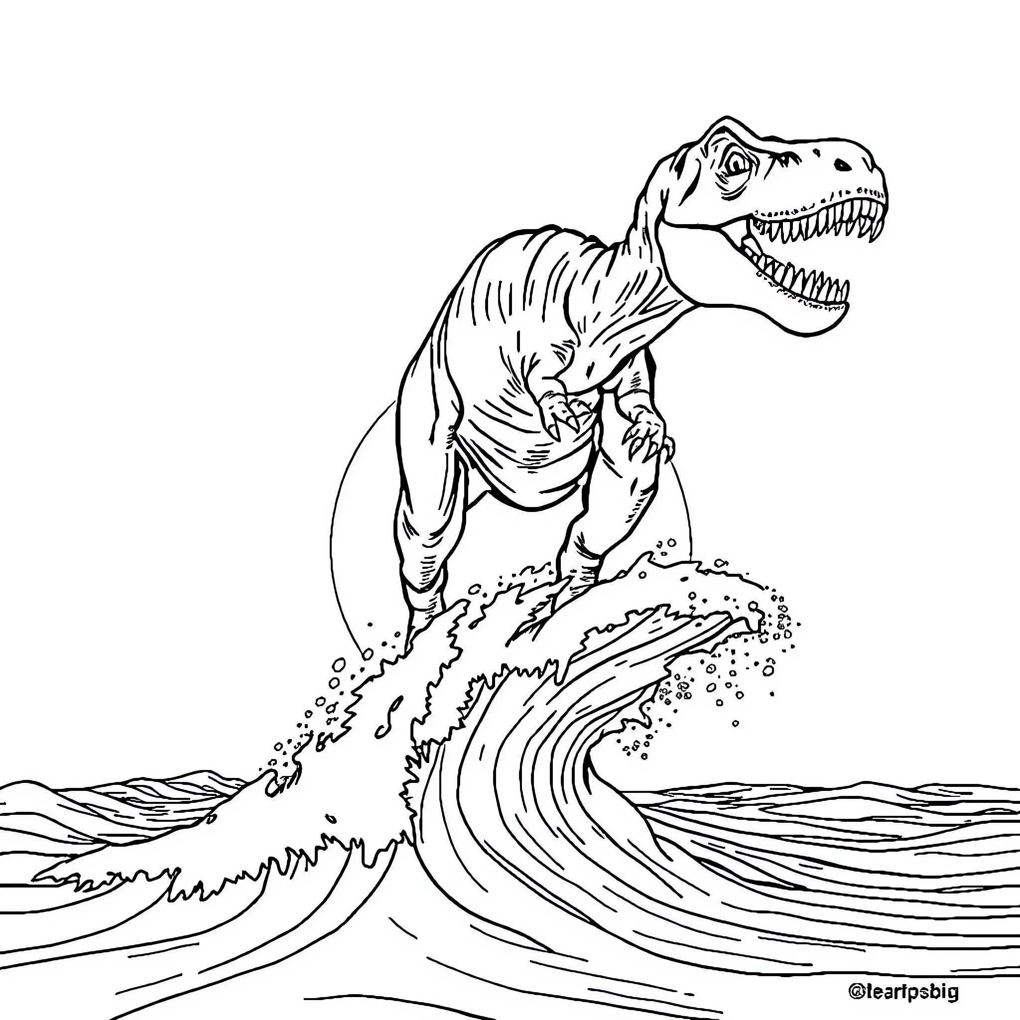 Tyrannosaurus Rex Surfing Powerful Waves Coloring Page (free black-and-white line drawing printable PDF for all, from beginners to advanced learners, including children, teens, adults, and seniors)