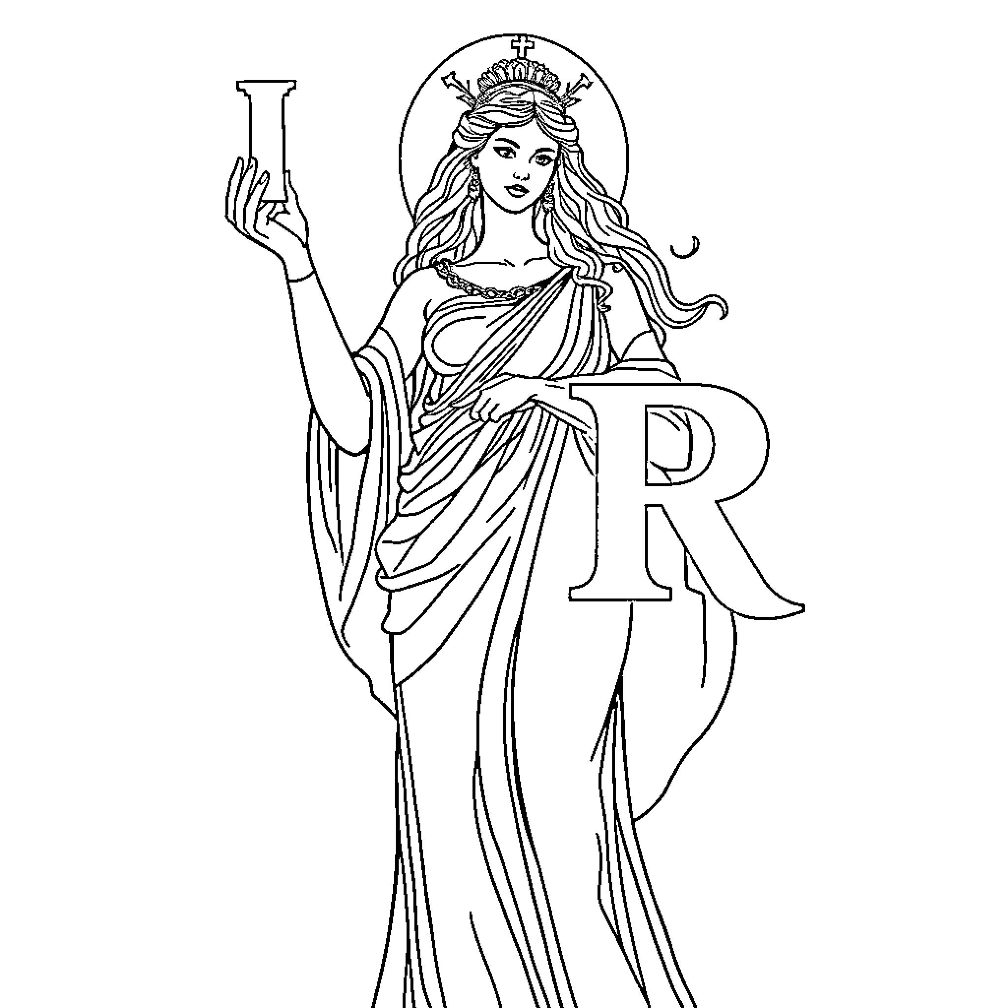 Goddess of Wisdom and Justice Holding Scales Coloring Page (free black-and-white line drawing printable PDF for all, from beginners to advanced learners, including children, teens, adults, and seniors)