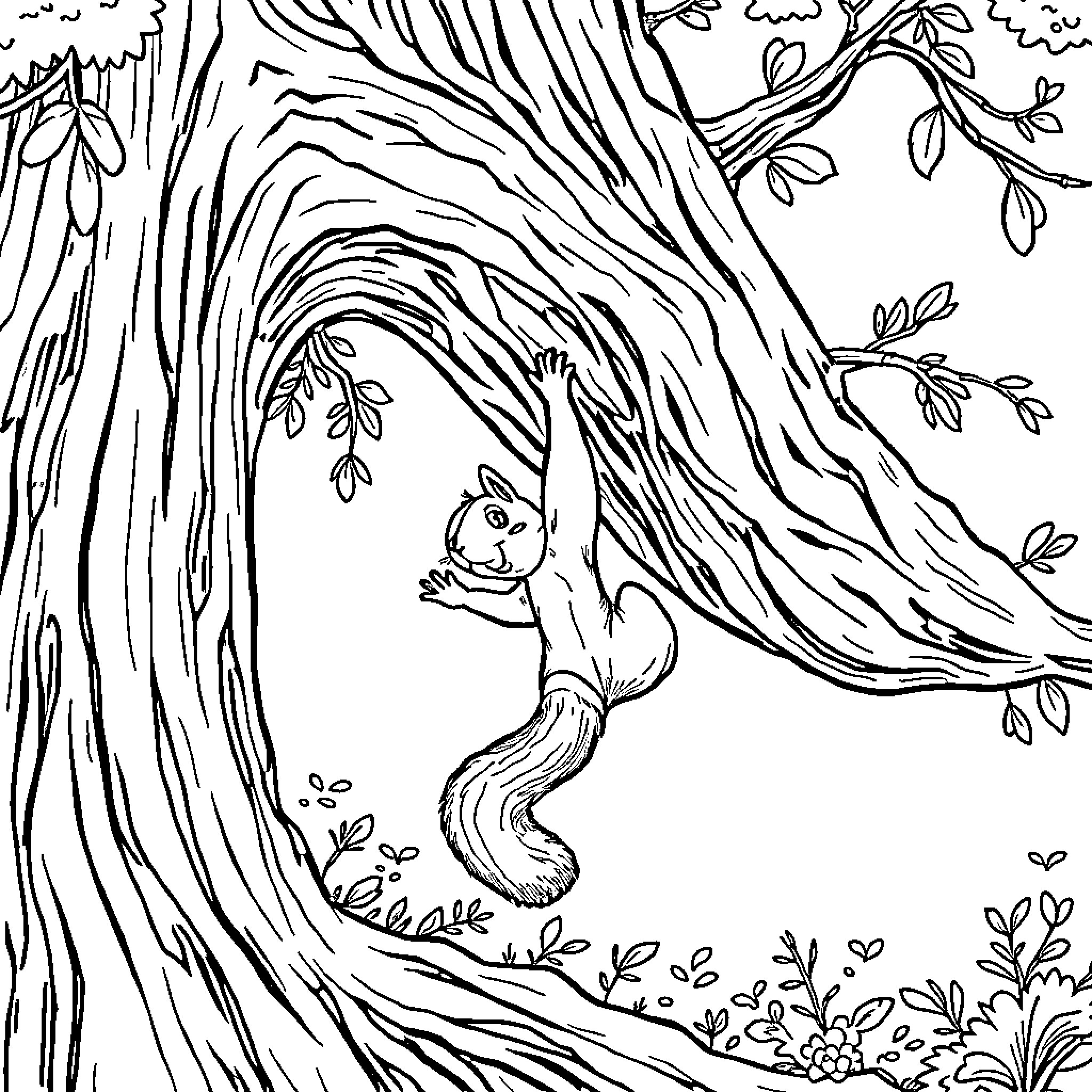 Squirrel hiding in cozy tree trunk Coloring Page (free black-and-white line drawing printable PDF for all, from beginners to advanced learners, including children, teens, adults, and seniors)