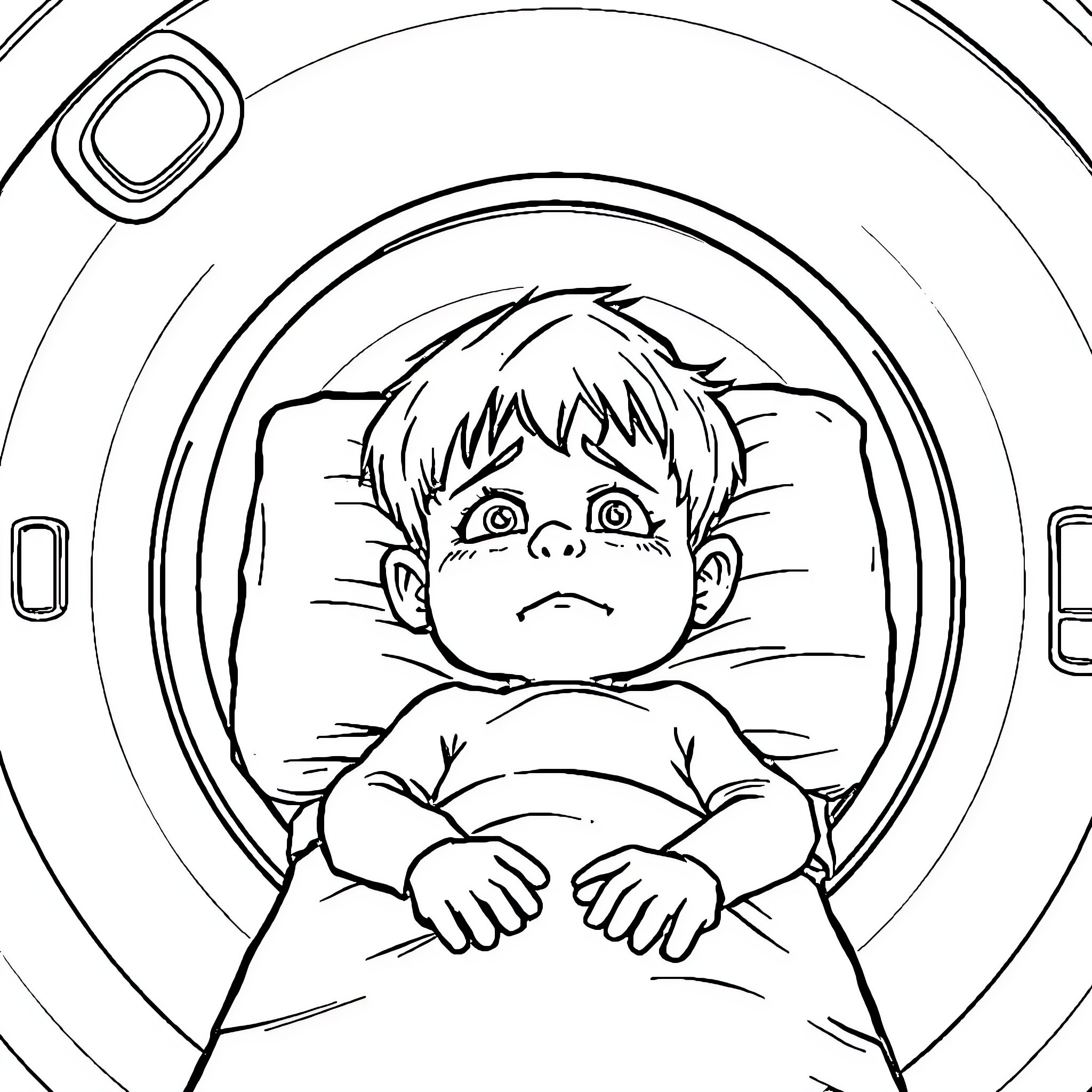Child in medical scanner Coloring Page (free black-and-white line drawing printable PDF for all, from beginners to advanced learners, including children, teens, adults, and seniors)