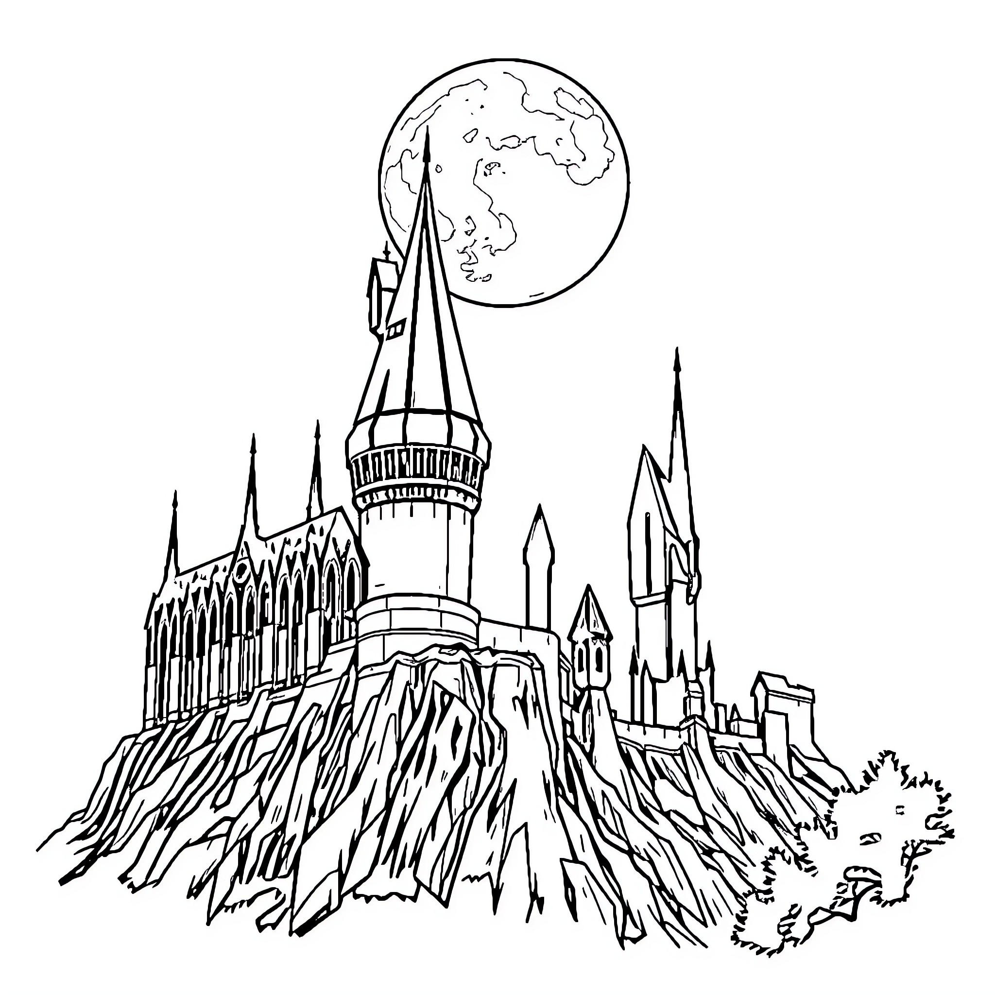 Hogwarts Castle Under the Starry Sky Coloring Page (free black-and-white line drawing printable PDF for all, from beginners to advanced learners, including children, teens, adults, and seniors)