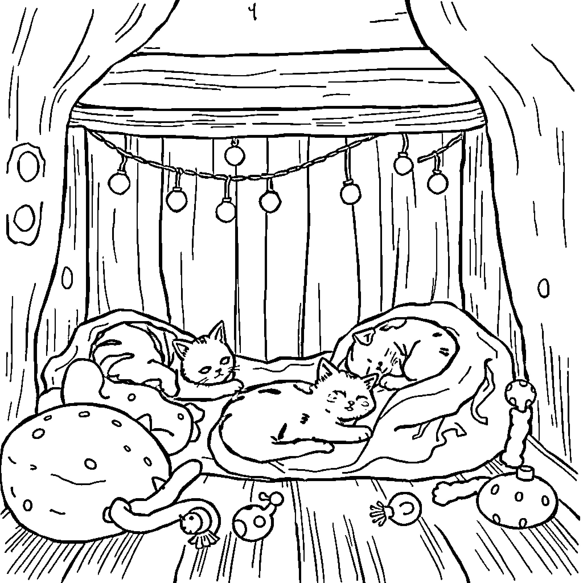 Catnap in a cozy nook Coloring Page (free black-and-white line drawing printable PDF for all, from beginners to advanced learners, including children, teens, adults, and seniors)