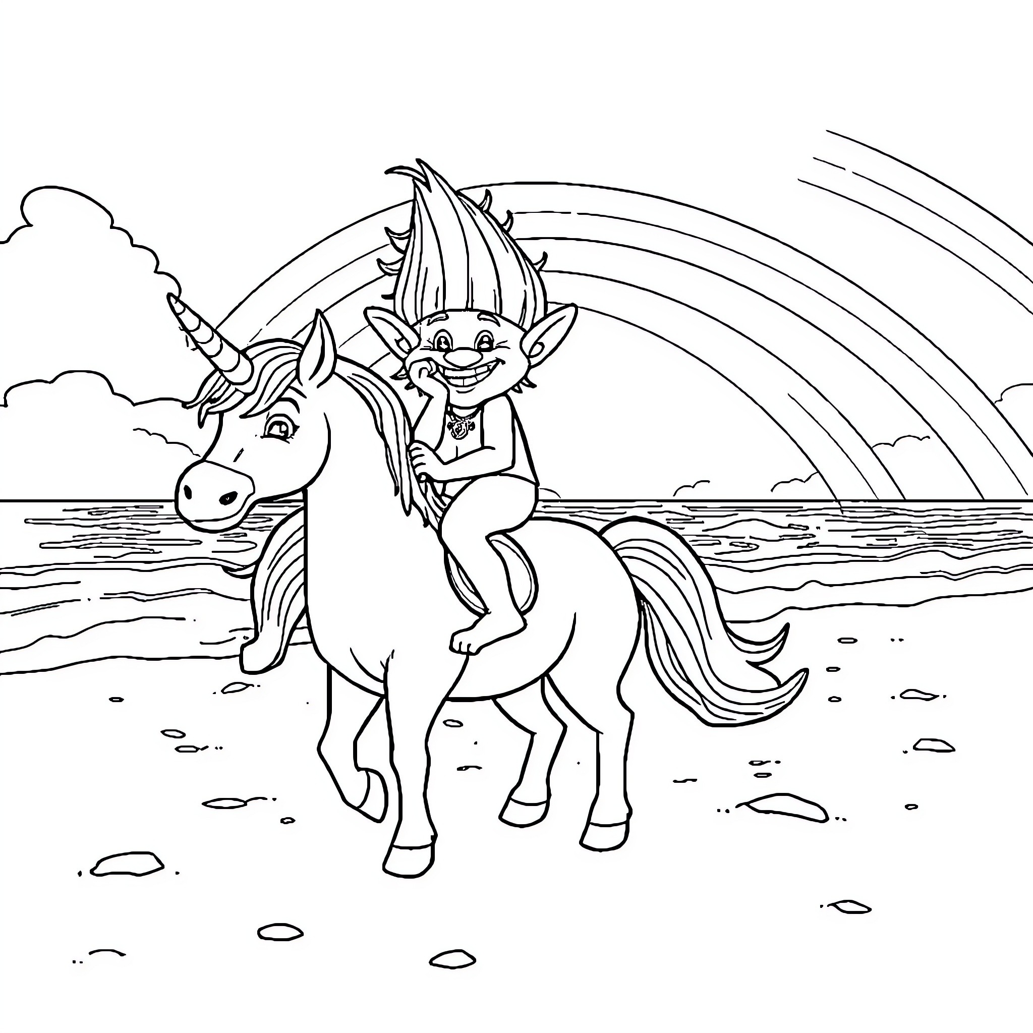 Troll riding a magical unicorn by the ocean Coloring Page (free black-and-white line drawing printable PDF for all, from beginners to advanced learners, including children, teens, adults, and seniors)