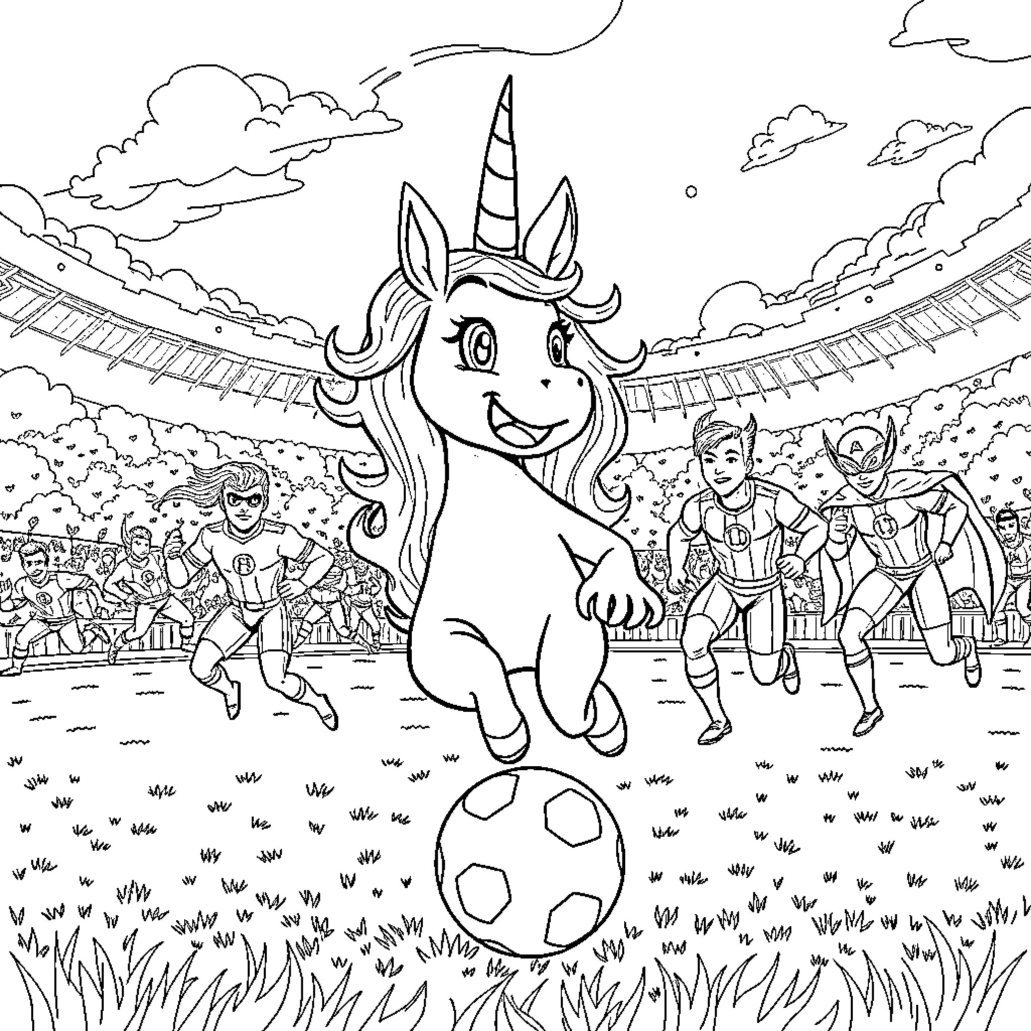 Rapunzel the Unicorn Happily Playing Soccer on the Field Coloring Page (free black-and-white line drawing printable PDF for all, from beginners to advanced learners, including children, teens, adults, and seniors)