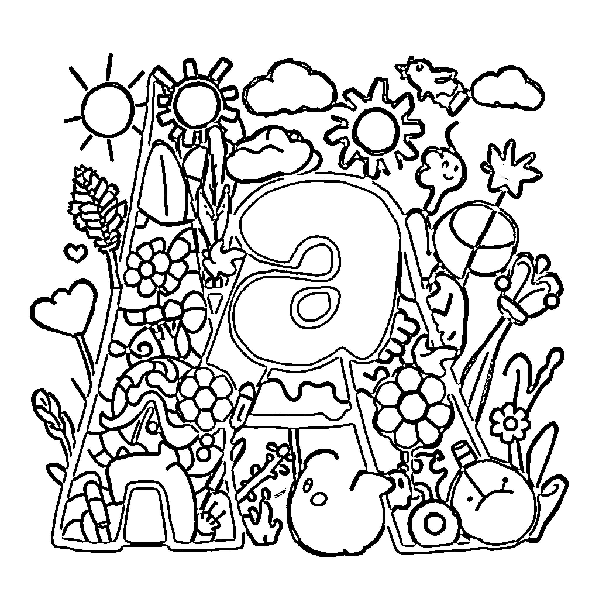 Letter A: Playful Nature's Illustration Coloring Page (free black-and-white line drawing printable PDF for all, from beginners to advanced learners, including children, teens, adults, and seniors)
