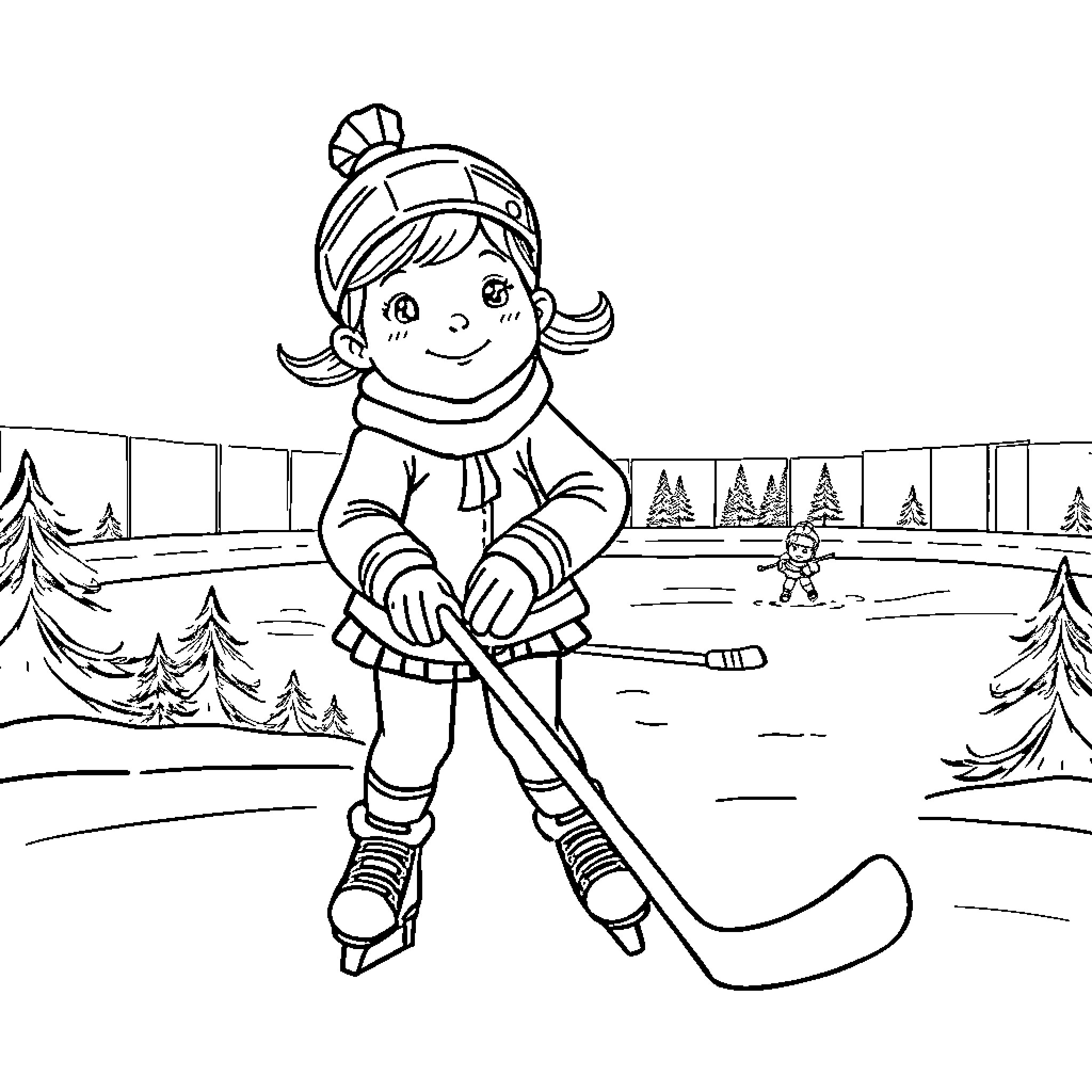 Girl playing ice hockey in the snow-filled park Coloring Page (free black-and-white line drawing printable PDF for all, from beginners to advanced learners, including children, teens, adults, and seniors)