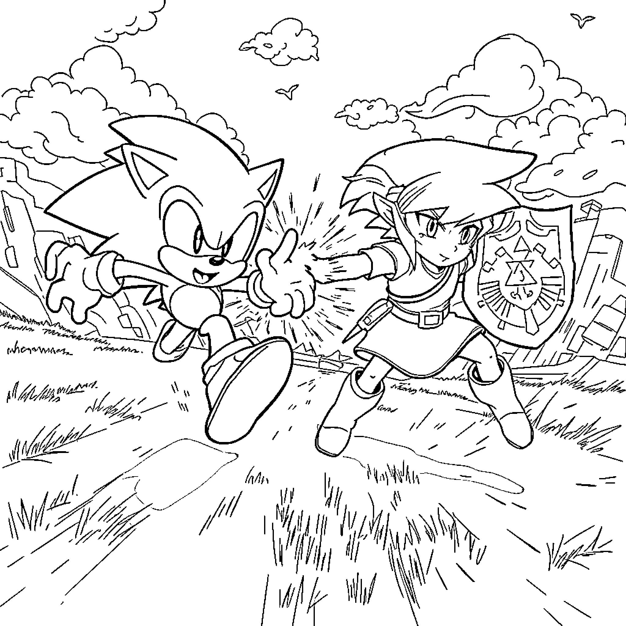 Sonic heroically fights alongside Link in an epic adventure Coloring Page (free black-and-white line drawing printable PDF for all, from beginners to advanced learners, including children, teens, adults, and seniors)