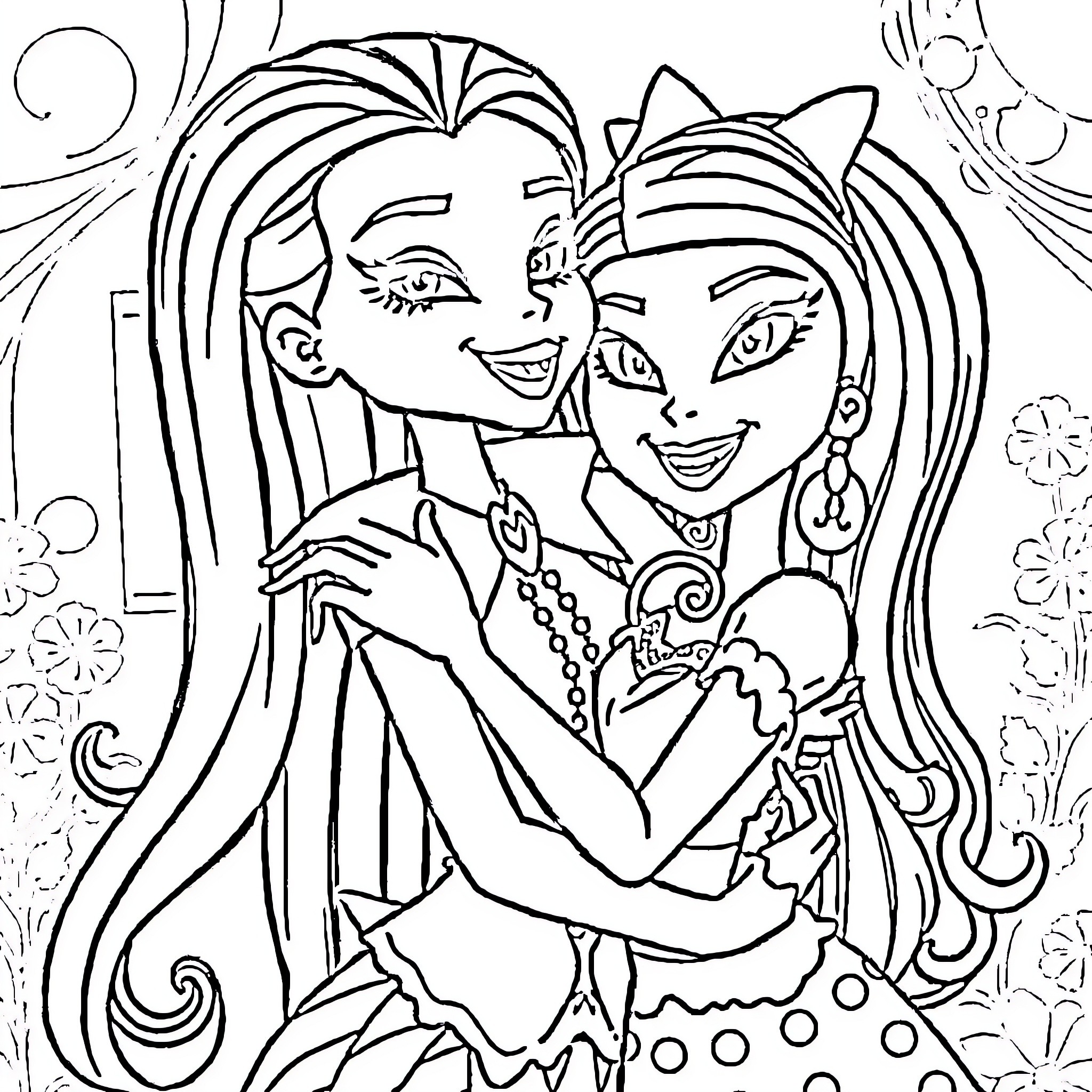 Draculaura enjoying a romantic moment with her partner Coloring Page (free black-and-white line drawing printable PDF for all, from beginners to advanced learners, including children, teens, adults, and seniors)