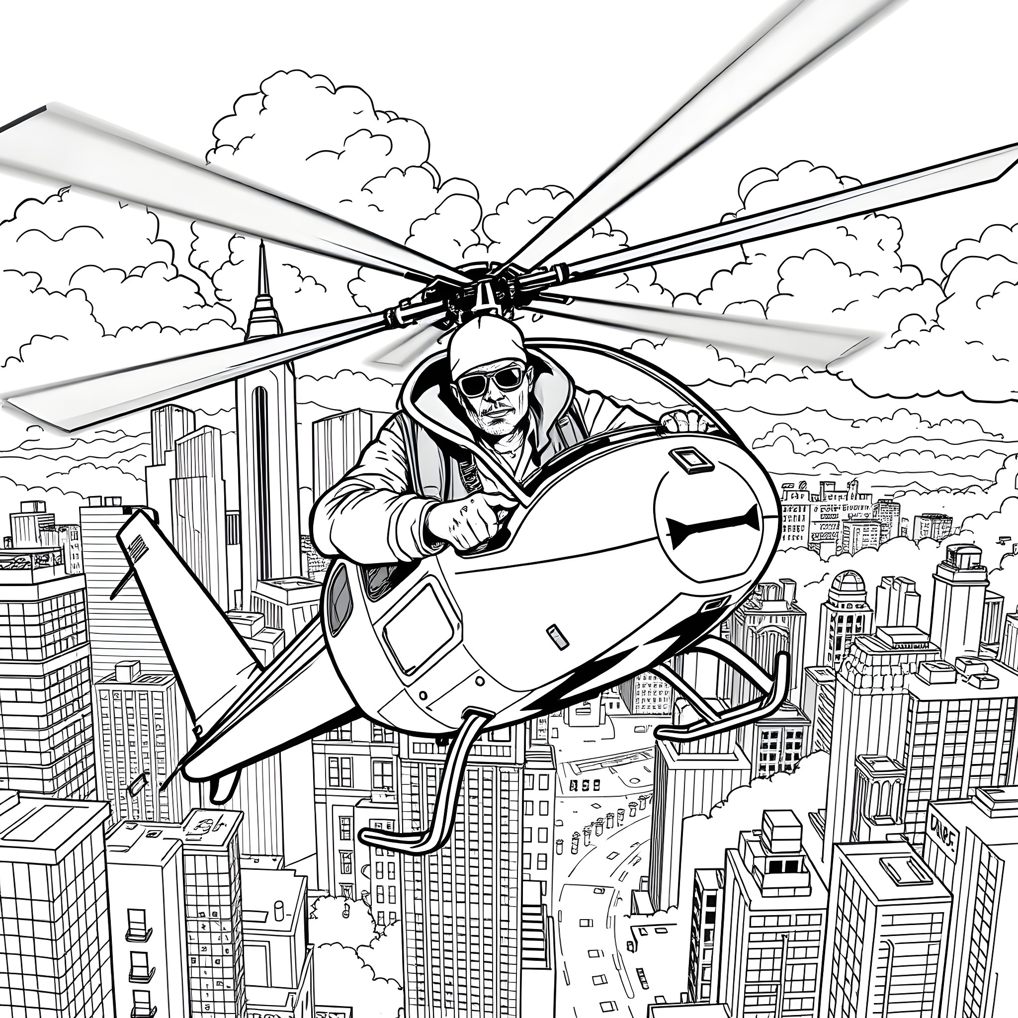 Gangster escaping on a helicopter over the city Coloring Page (free black-and-white line drawing printable PDF for all, from beginners to advanced learners, including children, teens, adults, and seniors)