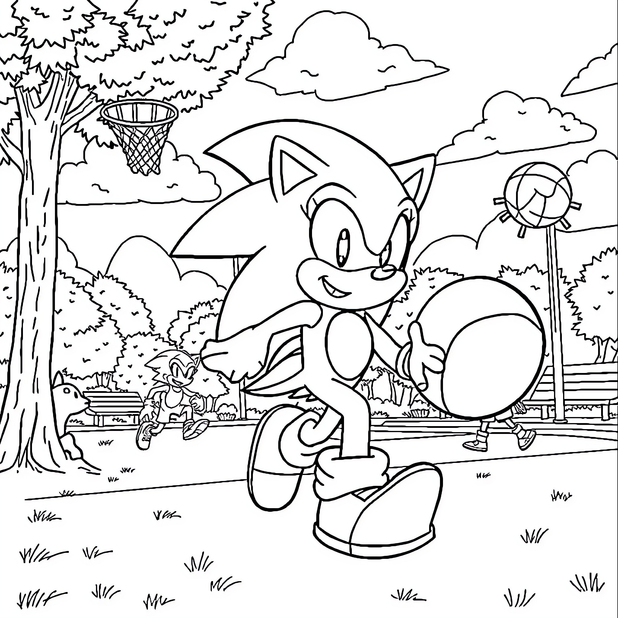 Sonic's Outdoor Adventure Coloring Page (free black-and-white line drawing printable PDF for all, from beginners to advanced learners, including children, teens, adults, and seniors)