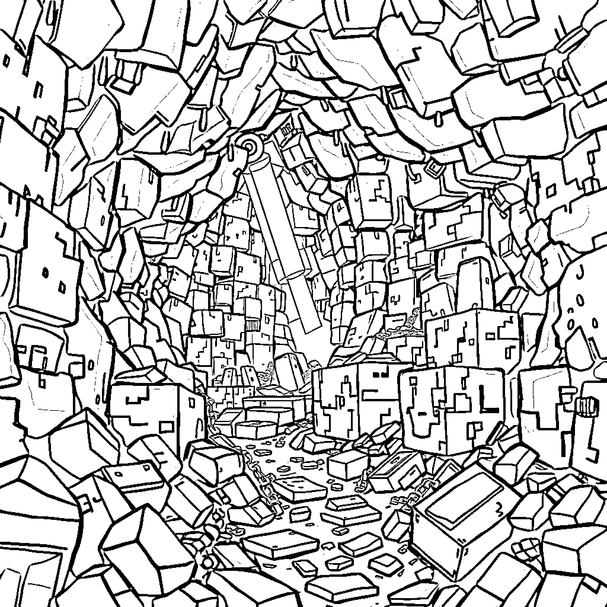 Gold Mine of Fractured Shapes and Patterns Coloring Page (free black-and-white line drawing printable PDF for all, from beginners to advanced learners, including children, teens, adults, and seniors)