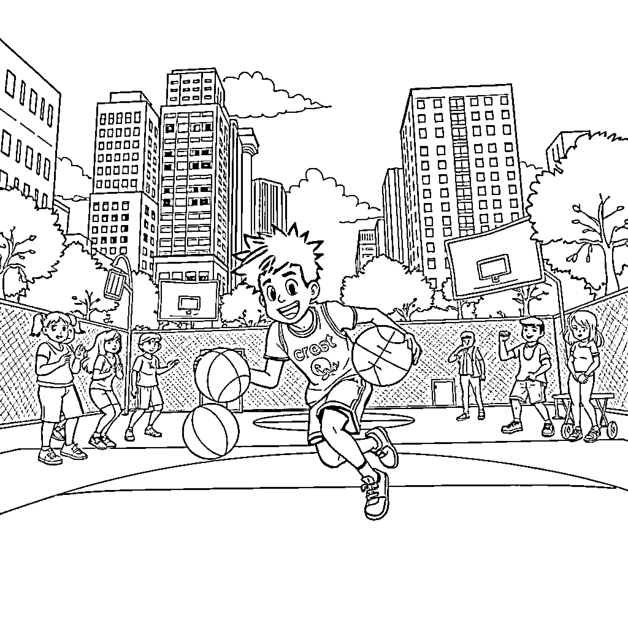 Miles Morales playing basketball in the city park Coloring Page (free black-and-white line drawing printable PDF for all, from beginners to advanced learners, including children, teens, adults, and seniors)
