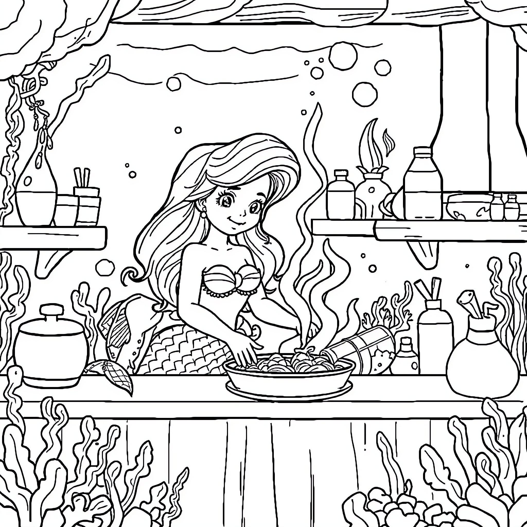 Mermaid preparing a seafood feast in the underwater kitchen Coloring Page (free black-and-white line drawing printable PDF for all, from beginners to advanced learners, including children, teens, adults, and seniors)