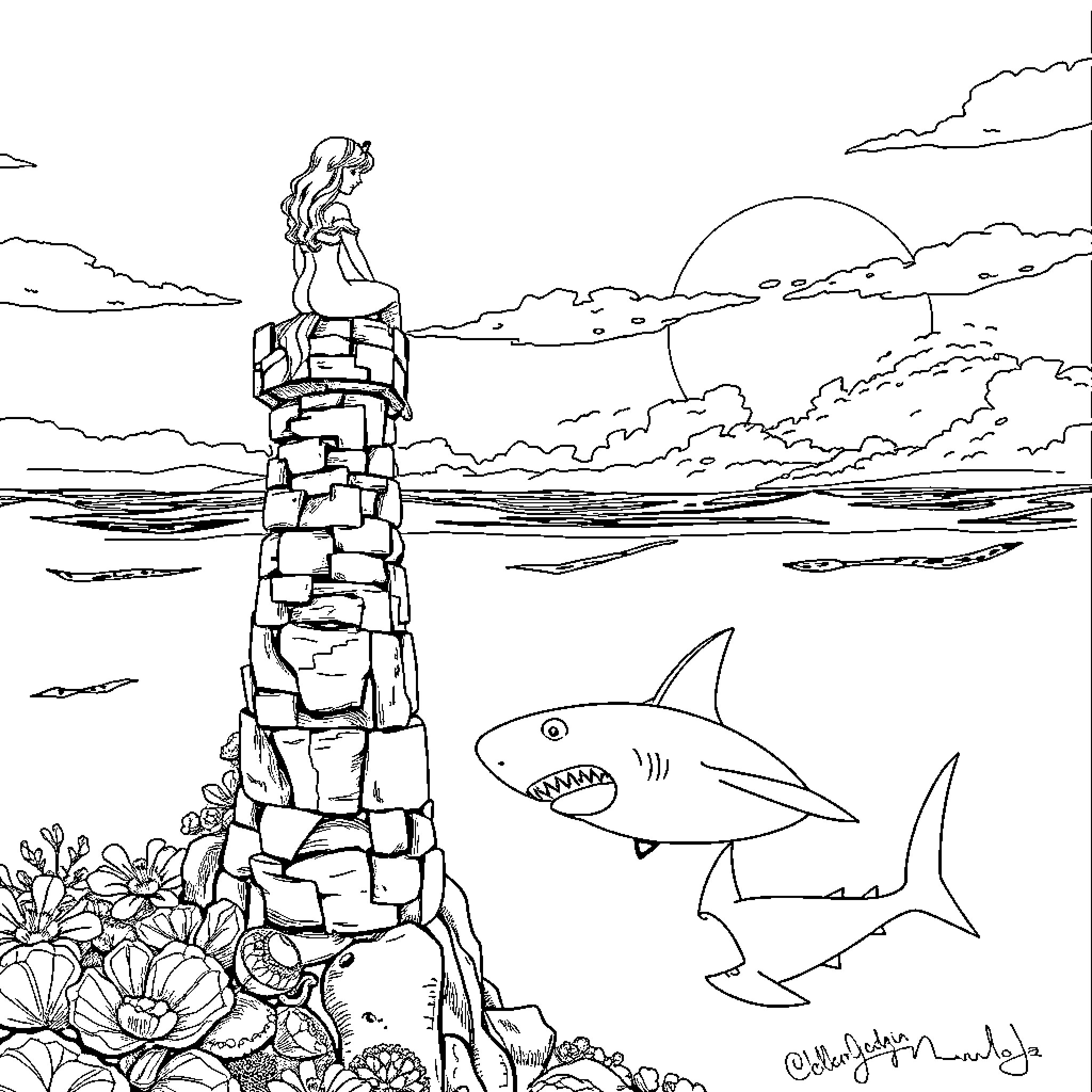 Mermaid standing atop a rocky lighthouse in the ocean Coloring Page (free black-and-white line drawing printable PDF for all, from beginners to advanced learners, including children, teens, adults, and seniors)
