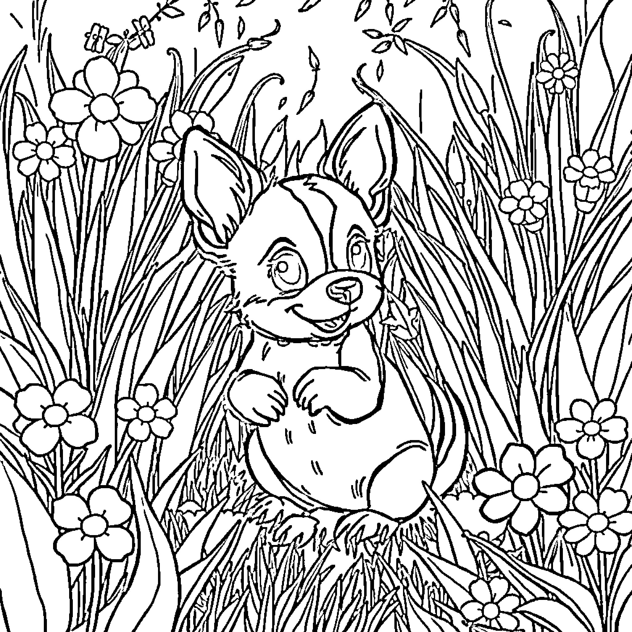 Puppy relaxing in a floral meadow Coloring Page (free black-and-white line drawing printable PDF for all, from beginners to advanced learners, including children, teens, adults, and seniors)