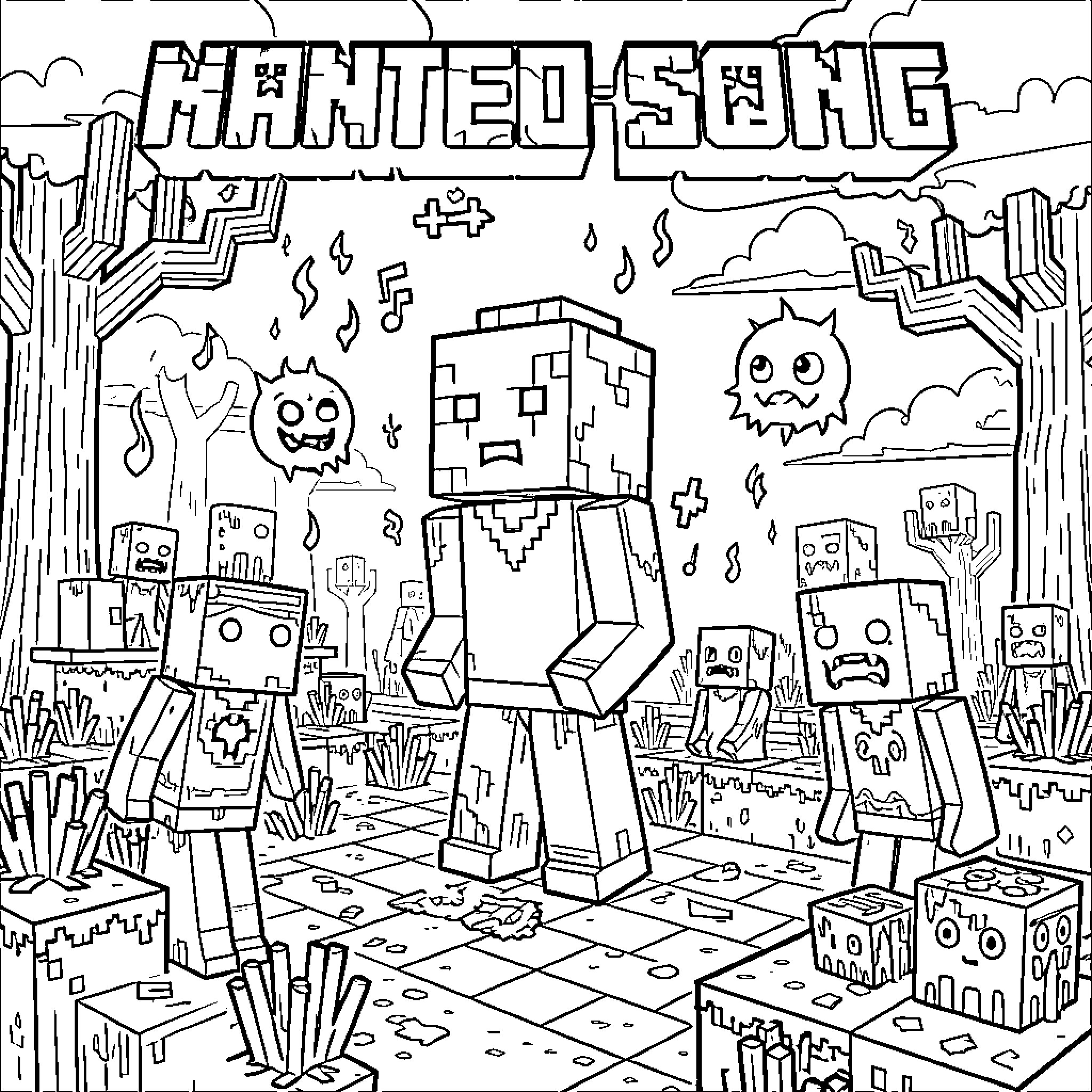Chanté Hanté with blocky characters in a spooky landscape Coloring Page (free black-and-white line drawing printable PDF for all, from beginners to advanced learners, including children, teens, adults, and seniors)