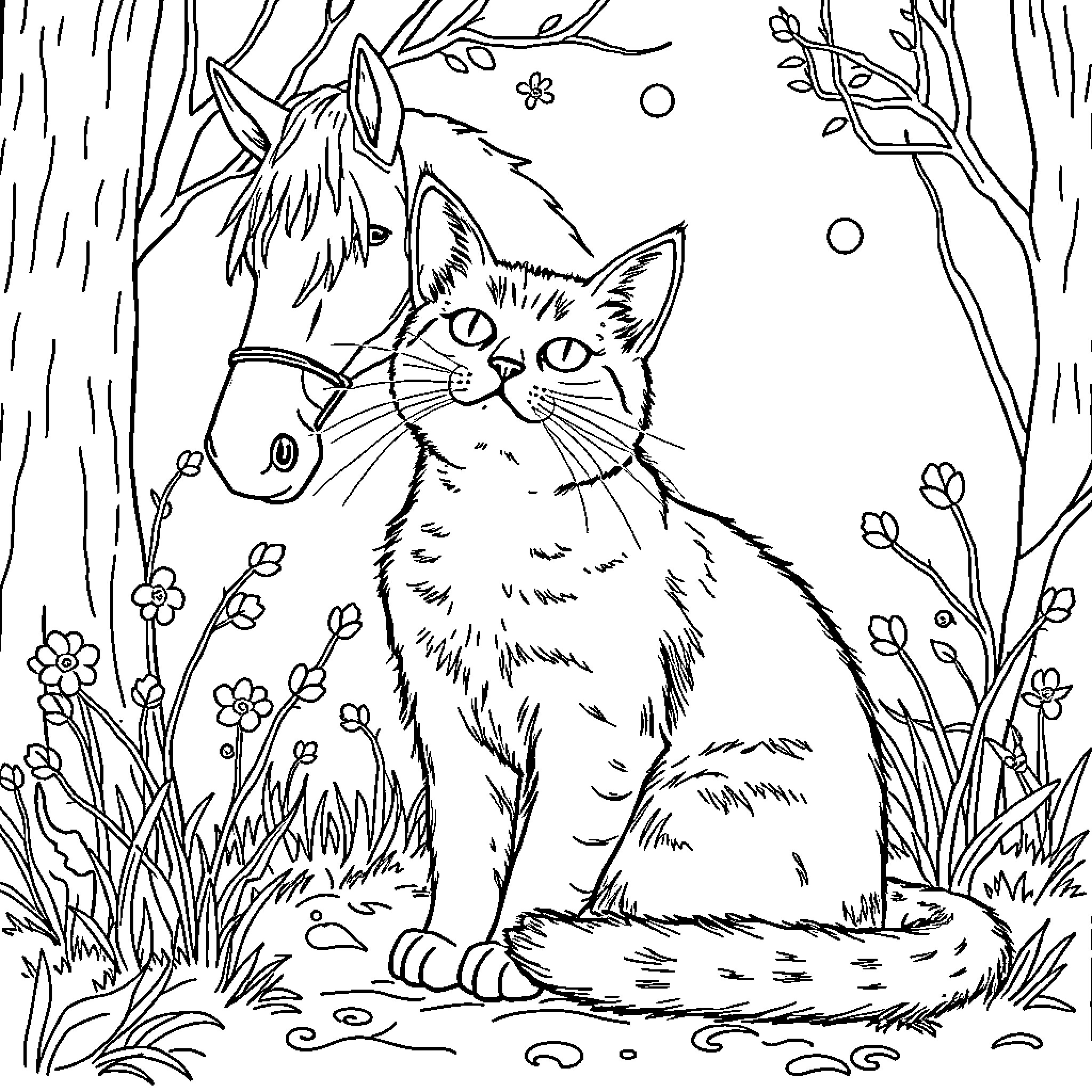 Cat in a Whimsical Forest Coloring Page (free black-and-white line drawing printable PDF for all, from beginners to advanced learners, including children, teens, adults, and seniors)