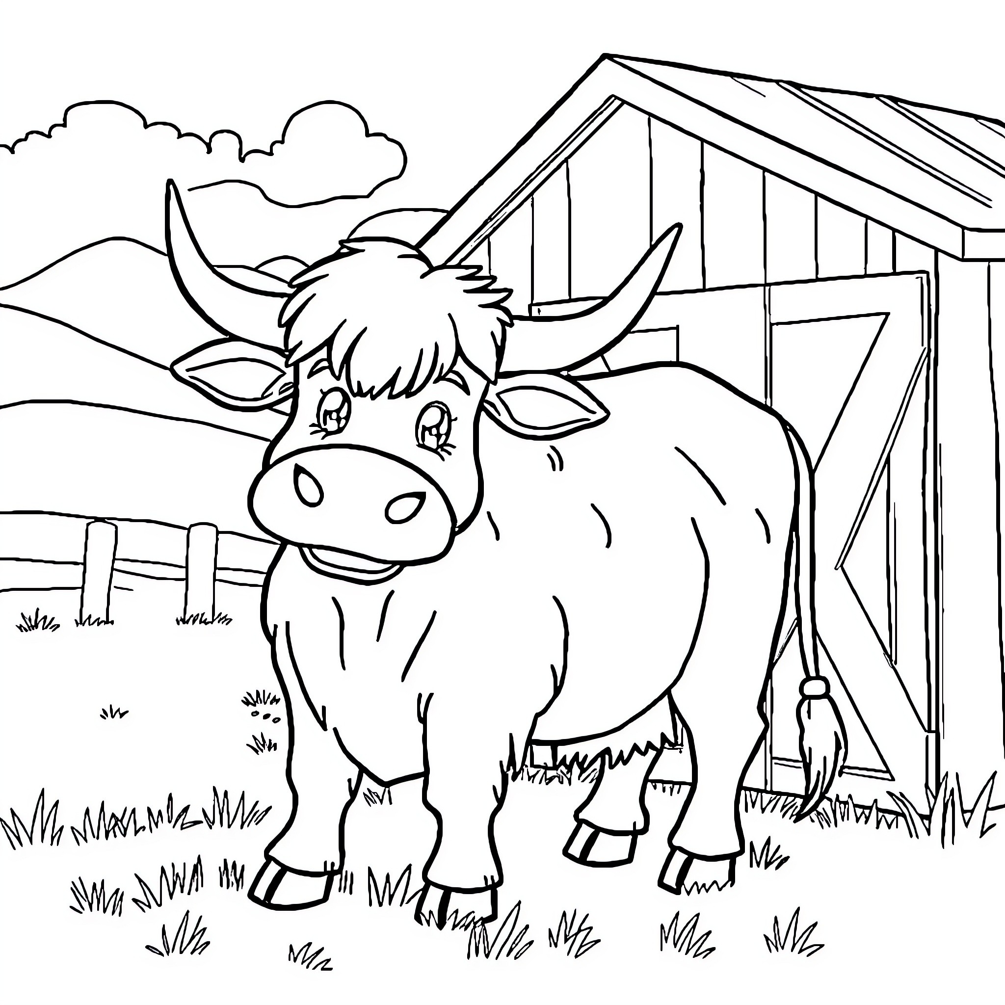Highland Cow standing near a farm building Coloring Page (free black-and-white line drawing printable PDF for all, from beginners to advanced learners, including children, teens, adults, and seniors)