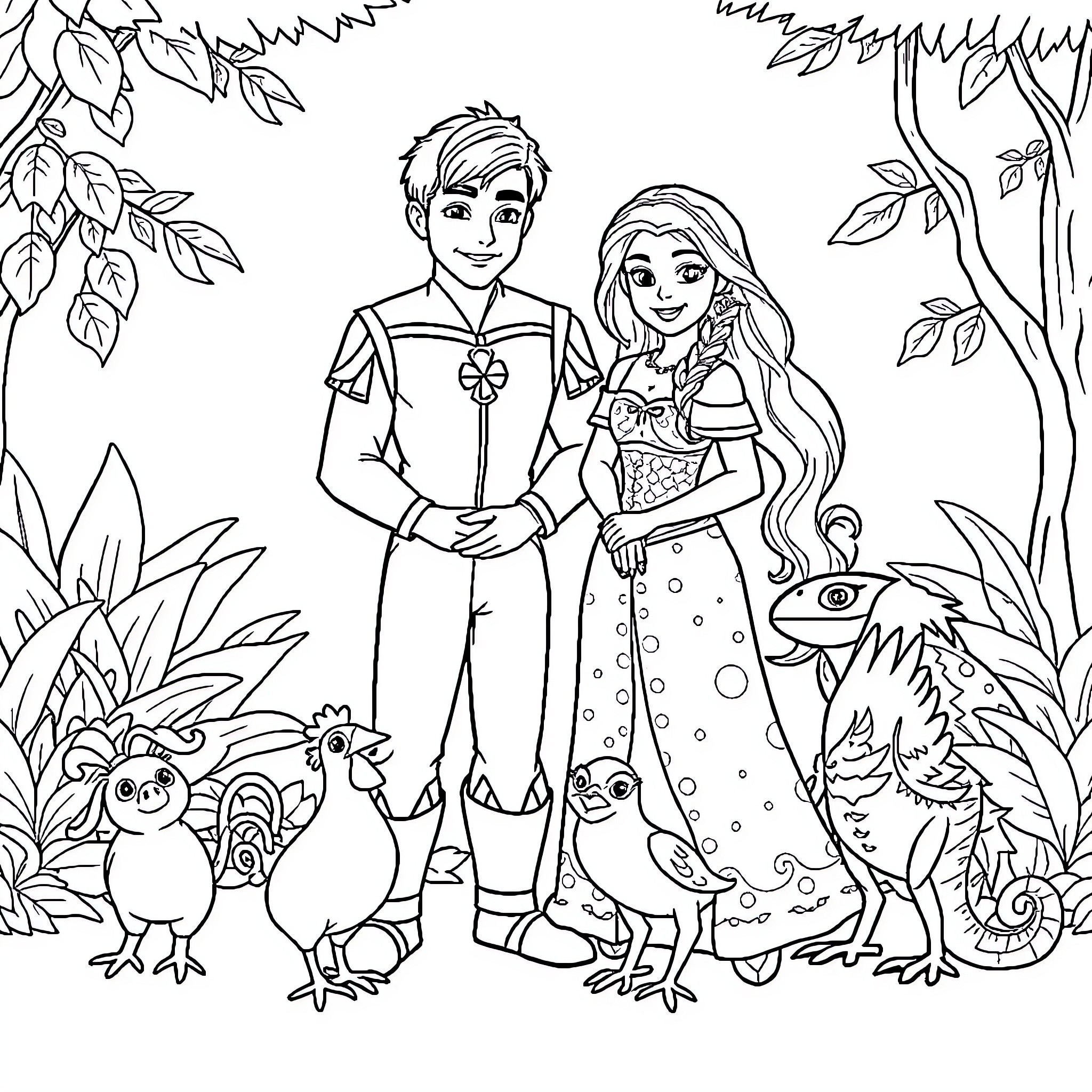 Rapunzel exploring the enchanted forest with her prince Coloring Page (free black-and-white line drawing printable PDF for all, from beginners to advanced learners, including children, teens, adults, and seniors)