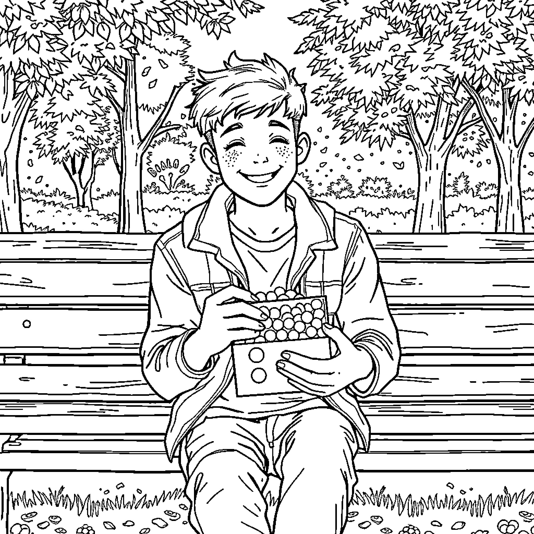 Thief enjoying stolen goods in the park Coloring Page (free black-and-white line drawing printable PDF for all, from beginners to advanced learners, including children, teens, adults, and seniors)