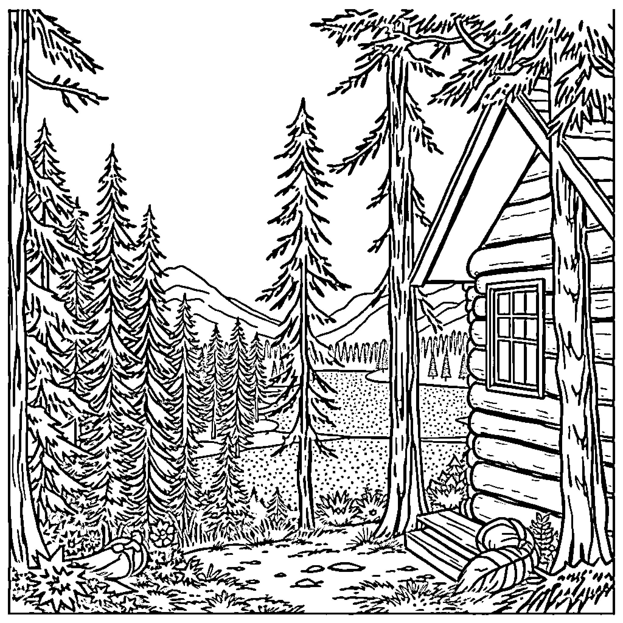 Cabin in the tranquil forest Coloring Page (free black-and-white line drawing printable PDF for all, from beginners to advanced learners, including children, teens, adults, and seniors)