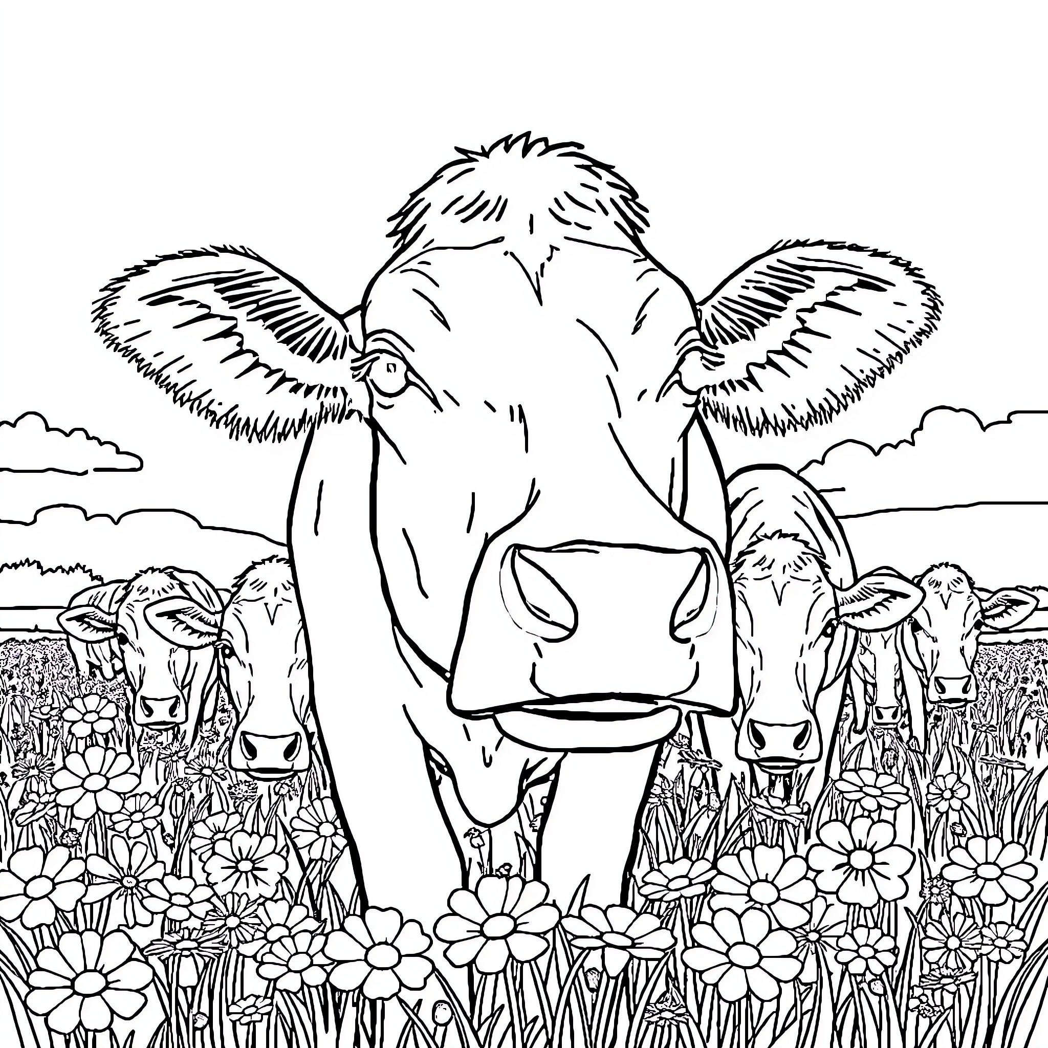 Cow grazing peacefully in a floral meadow Coloring Page (free black-and-white line drawing printable PDF for all, from beginners to advanced learners, including children, teens, adults, and seniors)
