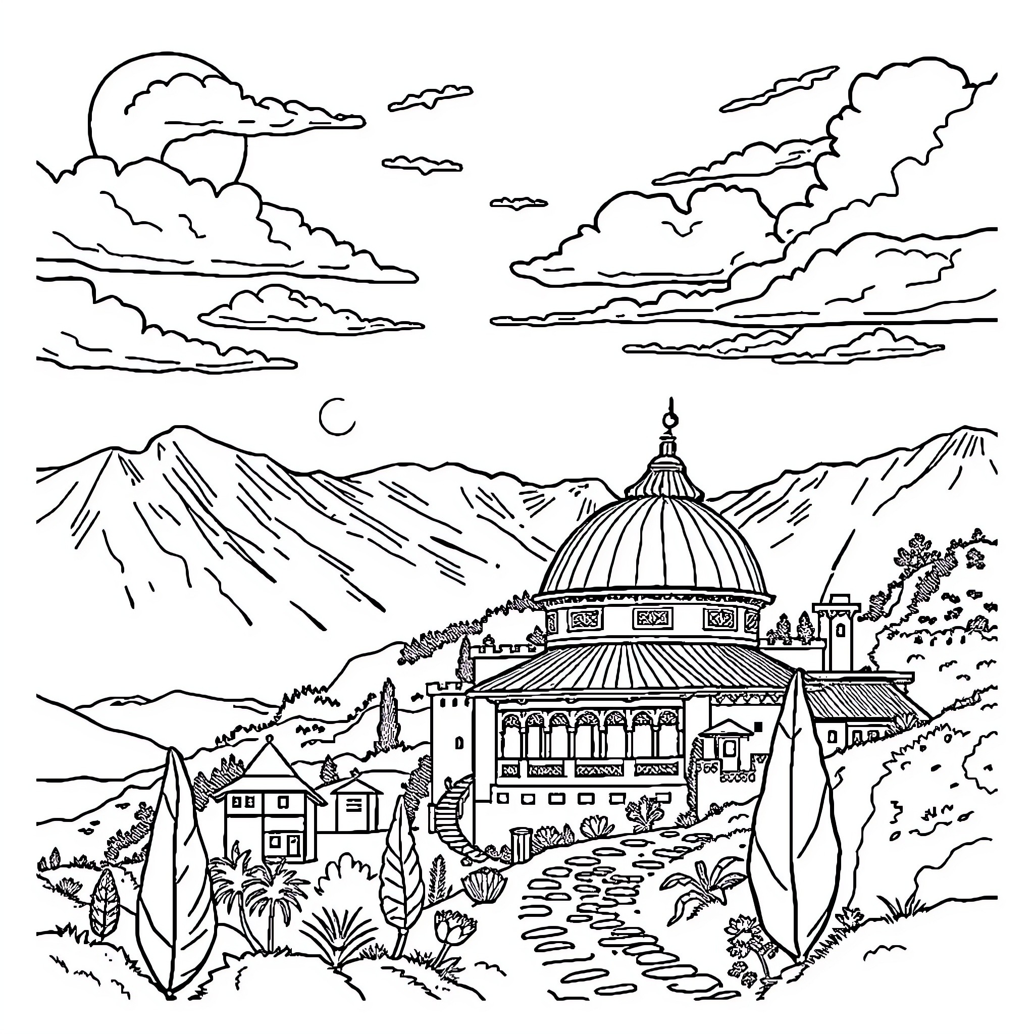 Turkey landscape with domed building and mountains Coloring Page (free black-and-white line drawing printable PDF for all, from beginners to advanced learners, including children, teens, adults, and seniors)