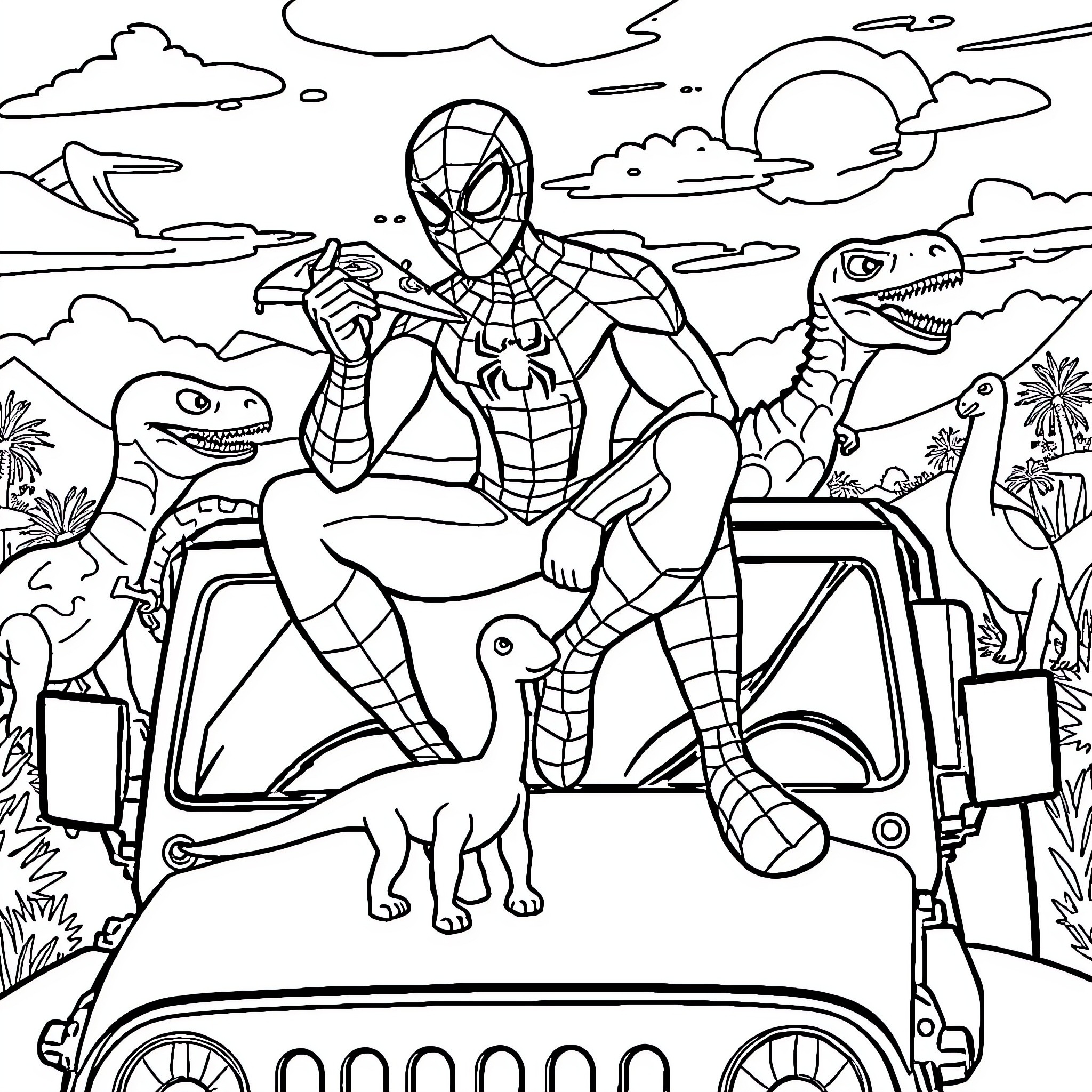 Spider-Man swinging through the city with dinosaur companions Coloring Page (free black-and-white line drawing printable PDF for all, from beginners to advanced learners, including children, teens, adults, and seniors)