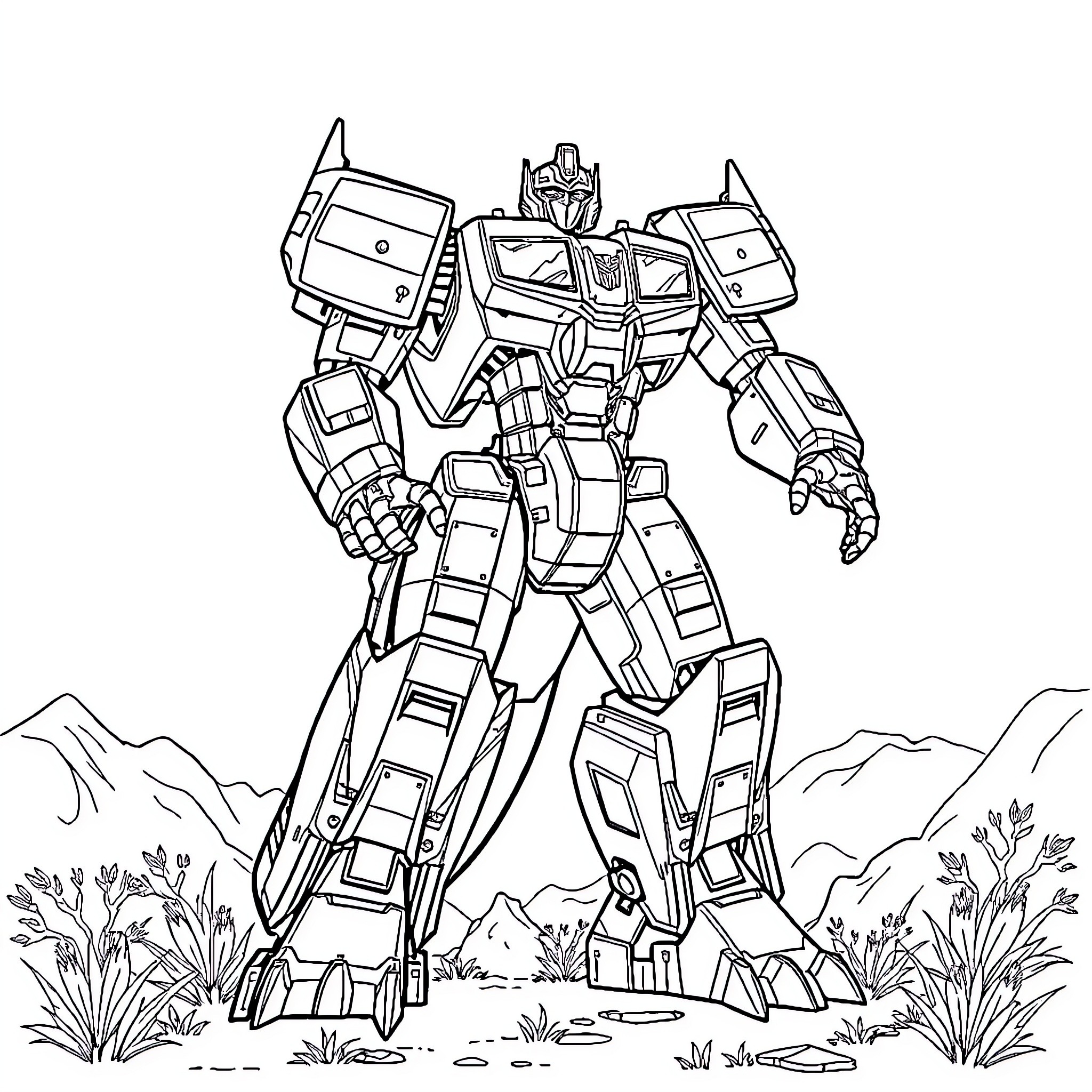 Dinosaur robot standing tall in nature Coloring Page (free black-and-white line drawing printable PDF for all, from beginners to advanced learners, including children, teens, adults, and seniors)