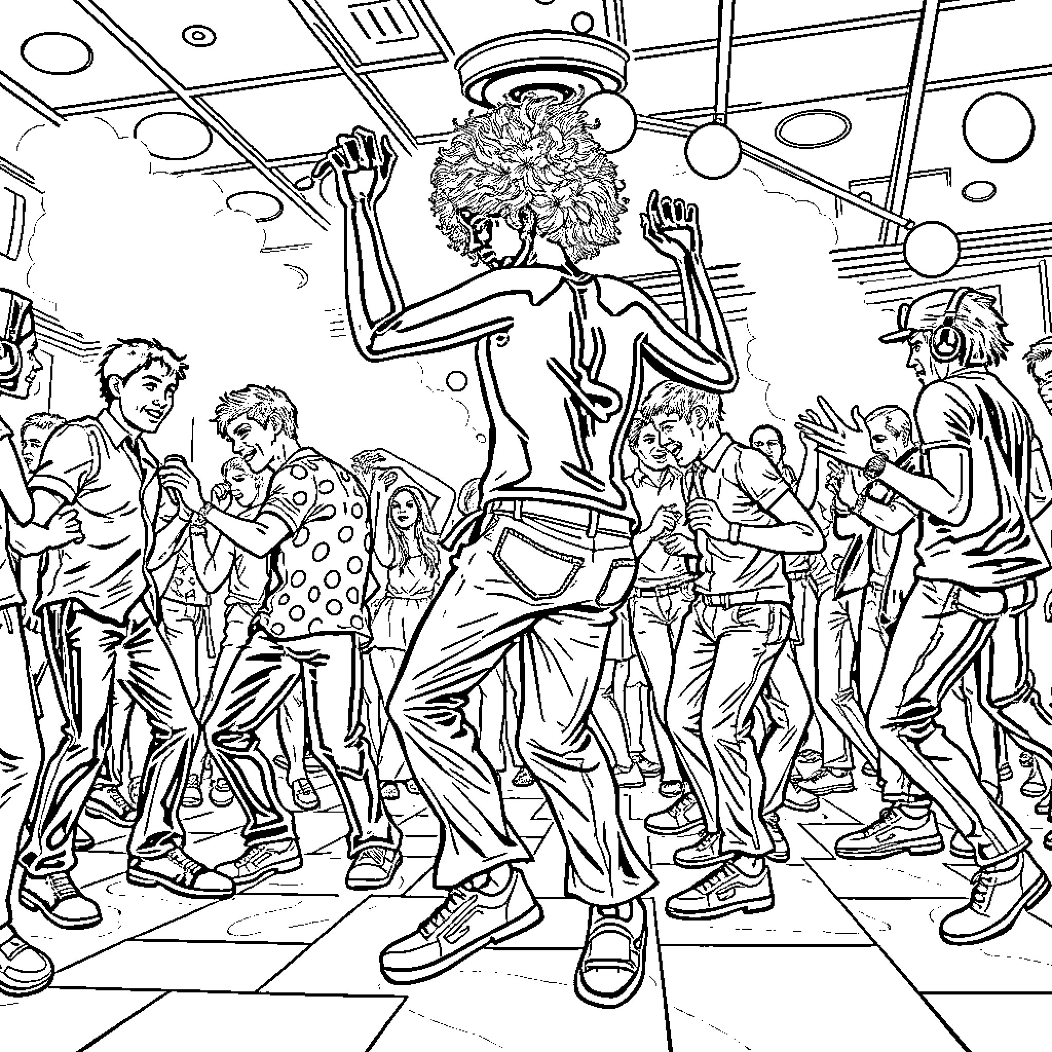 Brainrot: Dancing and Revelry in a Vibrant Scene Coloring Page (free black-and-white line drawing printable PDF for all, from beginners to advanced learners, including children, teens, adults, and seniors)