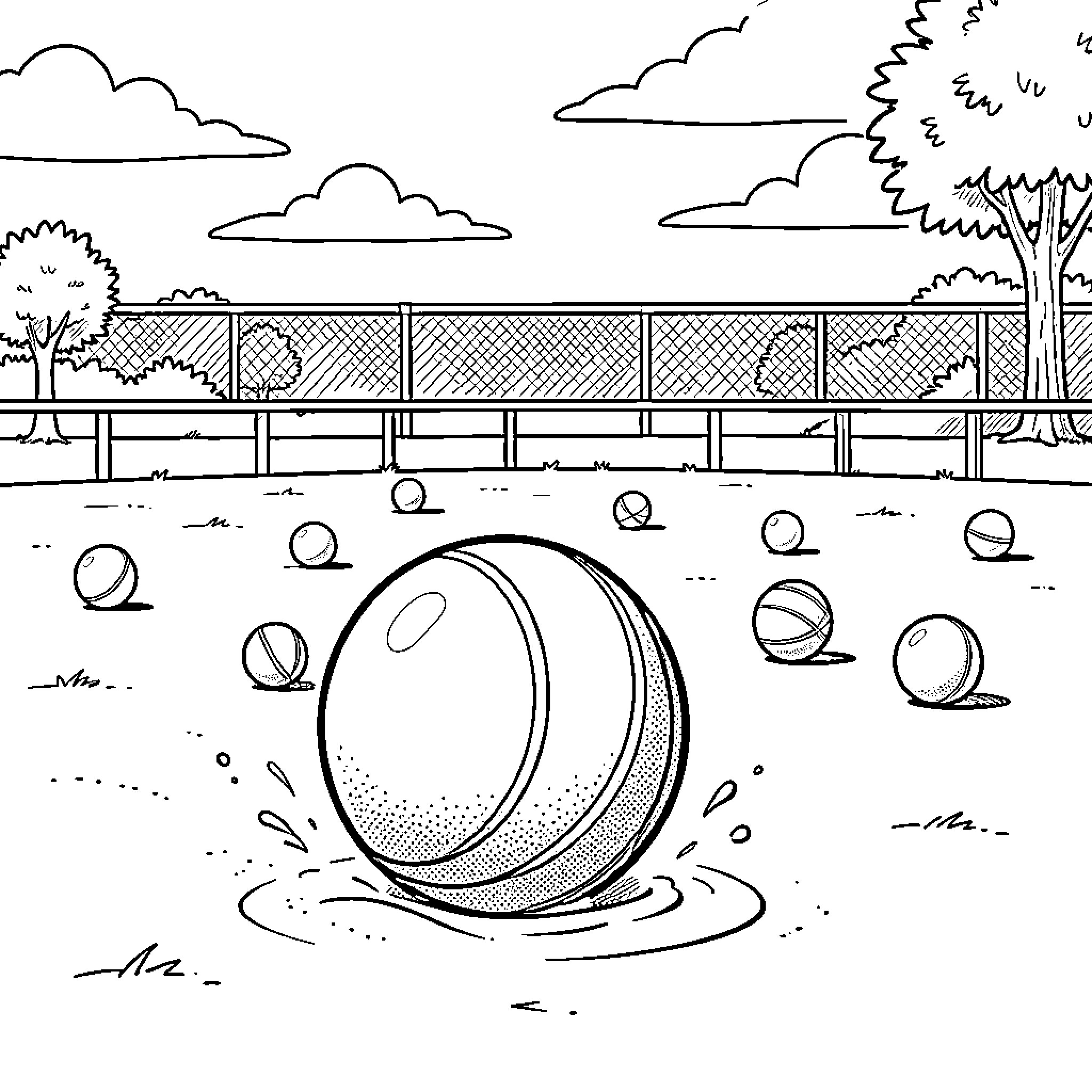 Dragon Ball scattered across a grassy field Coloring Page (free black-and-white line drawing printable PDF for all, from beginners to advanced learners, including children, teens, adults, and seniors)