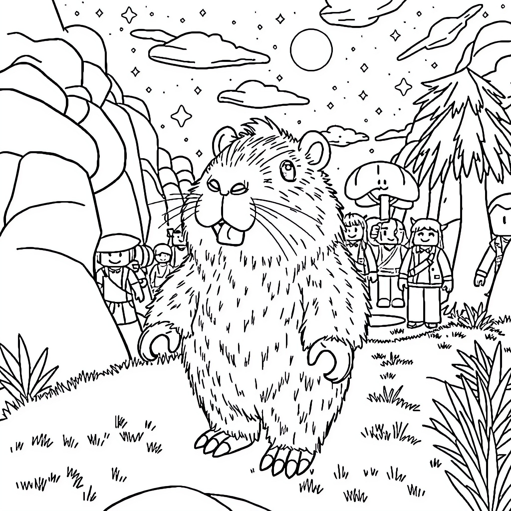 Capybara enjoying a starry night in the wilderness Coloring Page (free black-and-white line drawing printable PDF for all, from beginners to advanced learners, including children, teens, adults, and seniors)