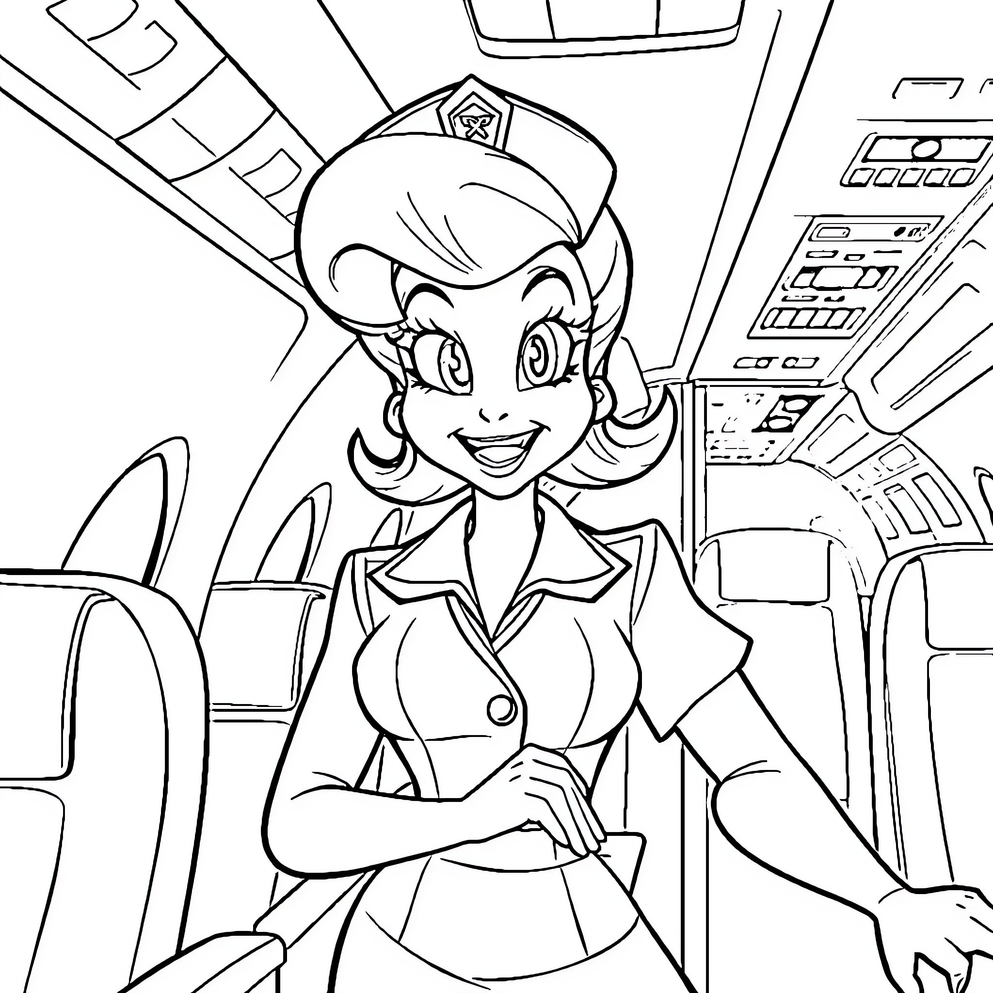 Rosalina, a friendly flight attendant in the cockpit Coloring Page (free black-and-white line drawing printable PDF for all, from beginners to advanced learners, including children, teens, adults, and seniors)