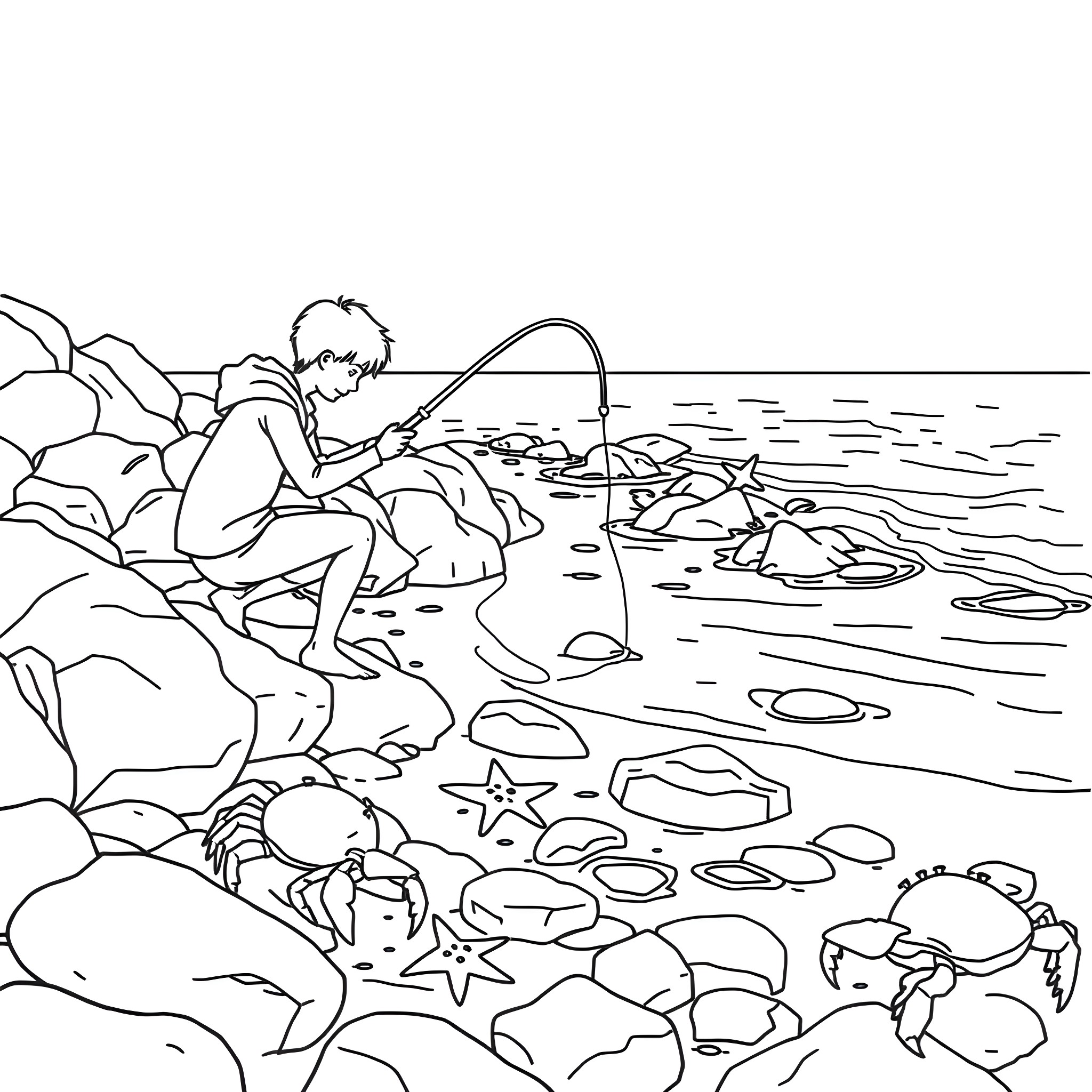 Starfish and figures enjoying ocean scenery Coloring Page (free black-and-white line drawing printable PDF for all, from beginners to advanced learners, including children, teens, adults, and seniors)