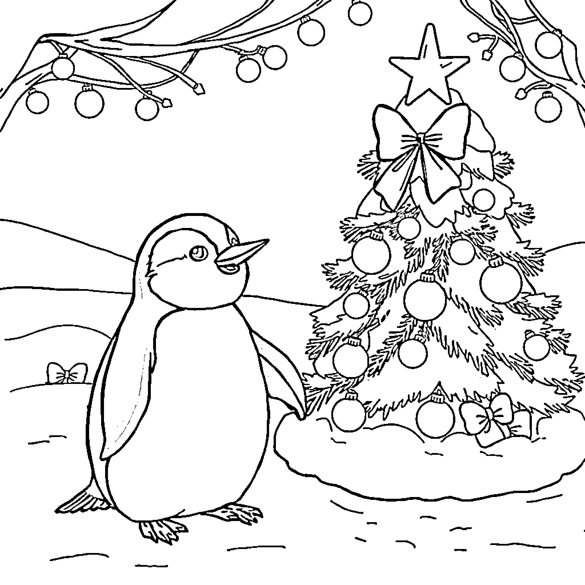 Penguin admiring Christmas tree and decorations Coloring Page (free black-and-white line drawing printable PDF for all, from beginners to advanced learners, including children, teens, adults, and seniors)