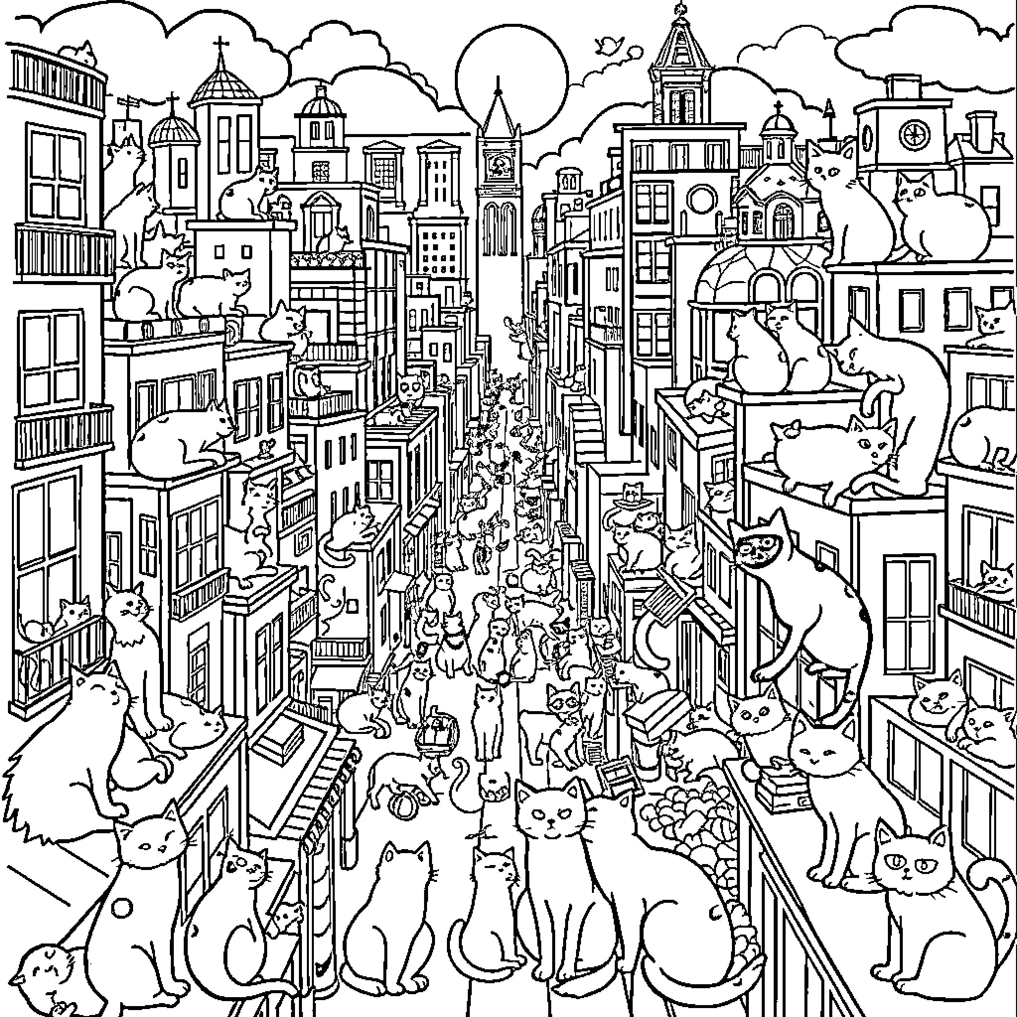 Cat-filled Cityscape with Whimsical Details Coloring Page (free black-and-white line drawing printable PDF for all, from beginners to advanced learners, including children, teens, adults, and seniors)