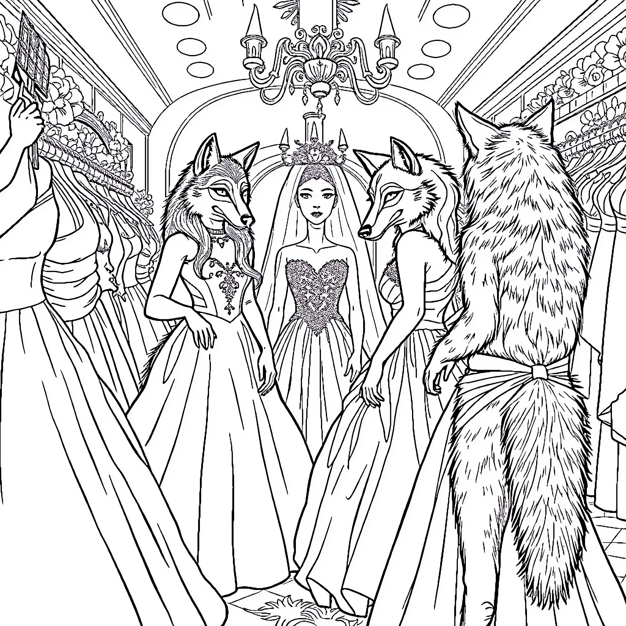 Werewolf royal court in elegant attire Coloring Page (free black-and-white line drawing printable PDF for all, from beginners to advanced learners, including children, teens, adults, and seniors)