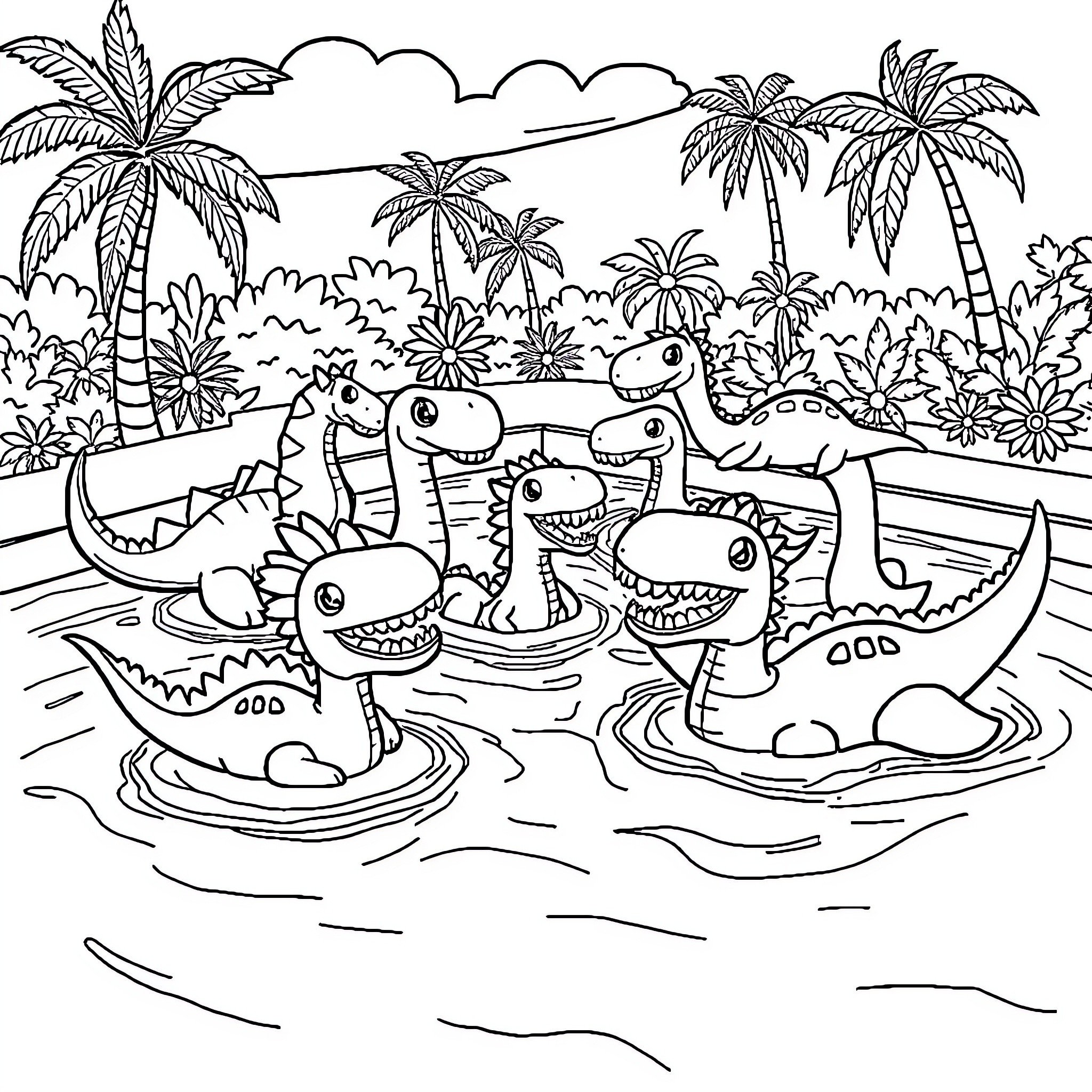 Dinosaurs splashing in a tropical lagoon Coloring Page (free black-and-white line drawing printable PDF for all, from beginners to advanced learners, including children, teens, adults, and seniors)