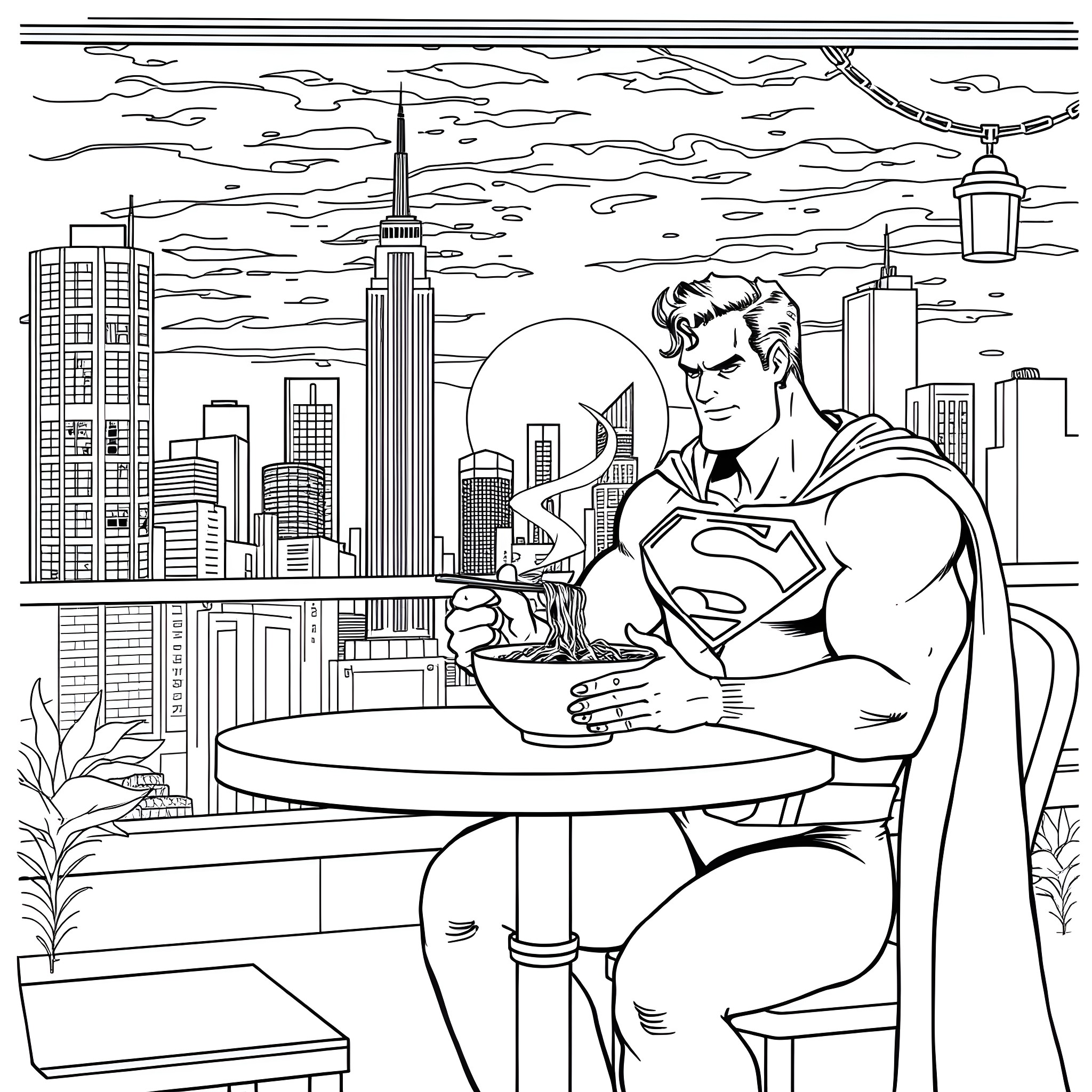 Superman relaxing in a city café with a skyline view Coloring Page (free black-and-white line drawing printable PDF for all, from beginners to advanced learners, including children, teens, adults, and seniors)