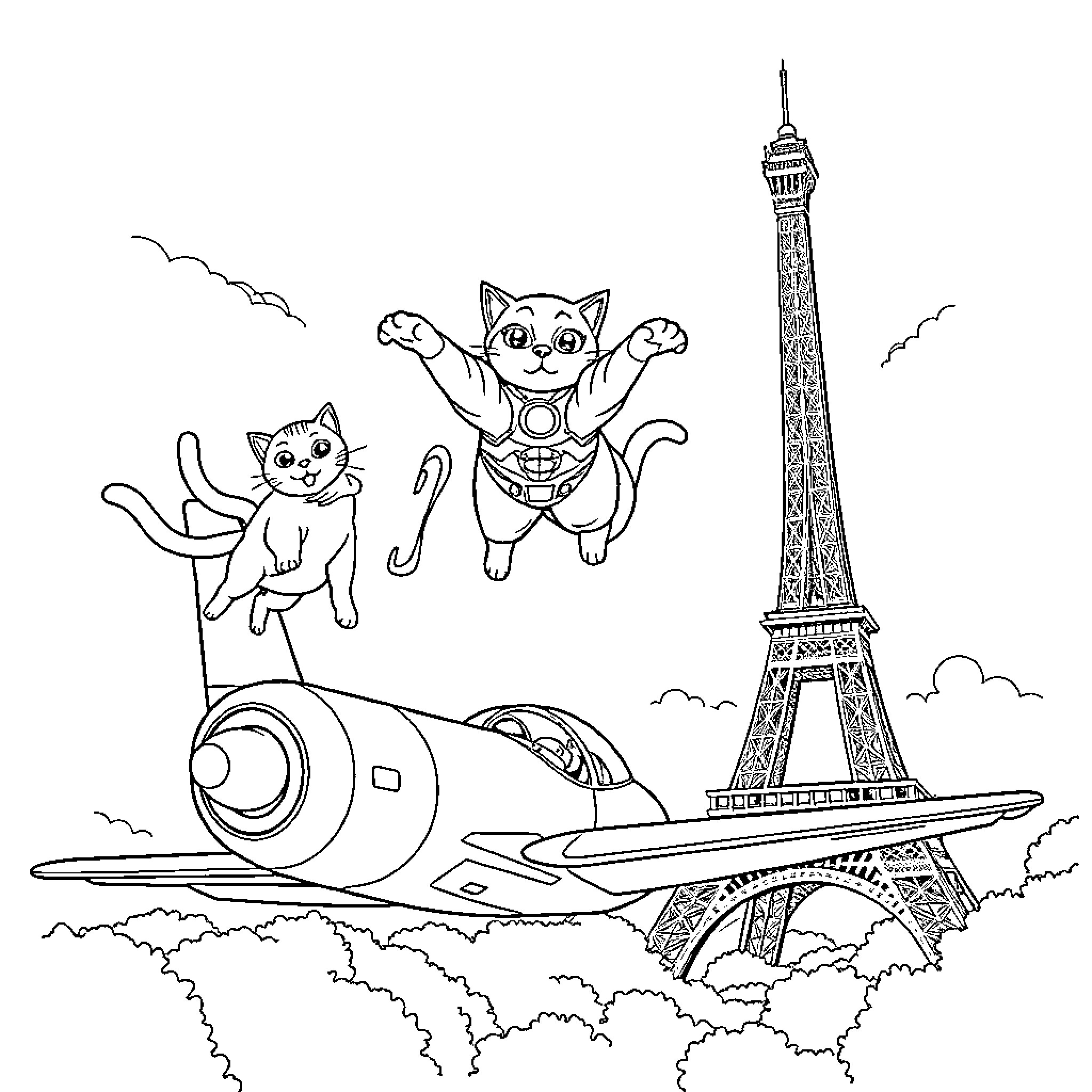 Cats exploring the Eiffel Tower in a spaceship Coloring Page (free black-and-white line drawing printable PDF for all, from beginners to advanced learners, including children, teens, adults, and seniors)