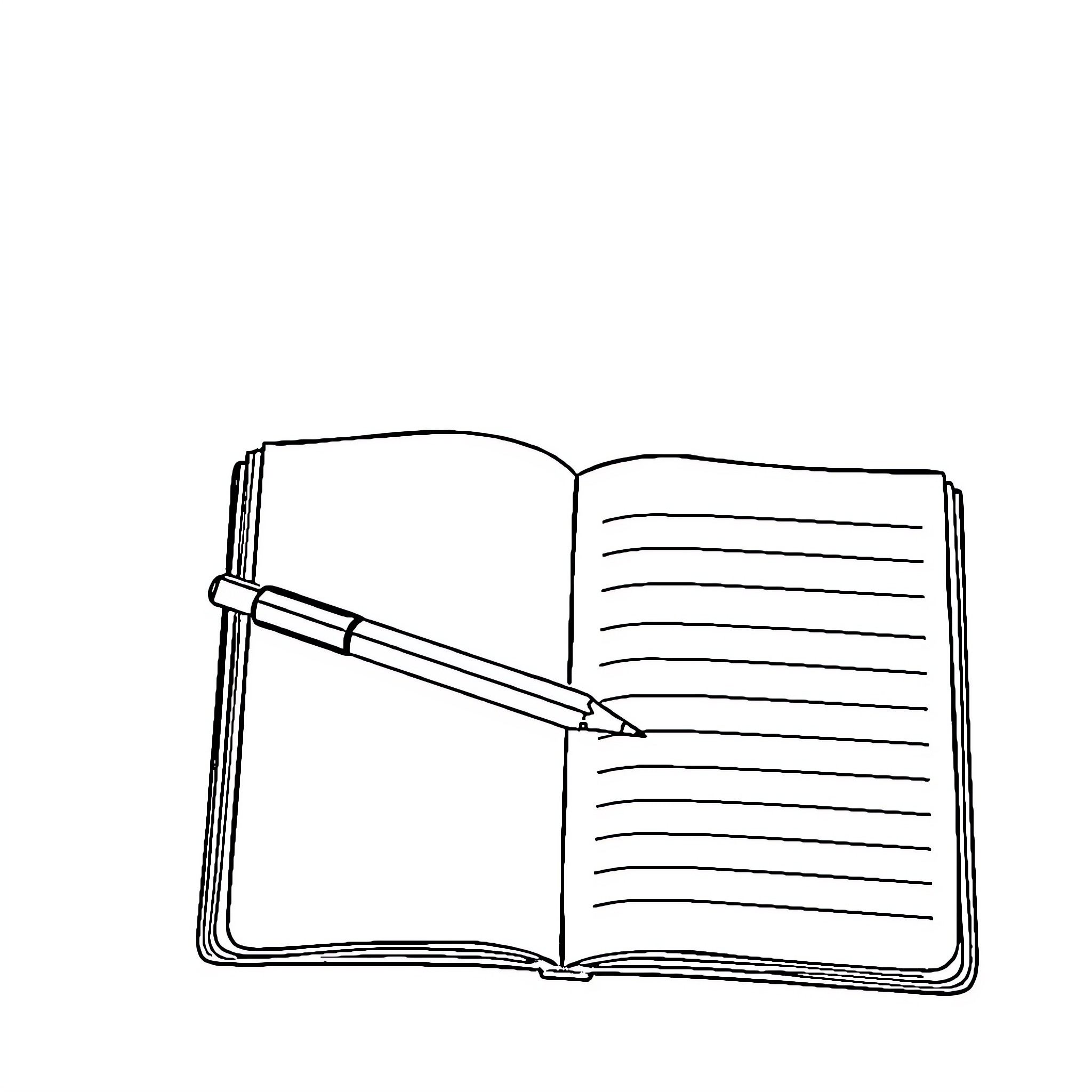 Notebook with open pages and pen Coloring Page (free black-and-white line drawing printable PDF for all, from beginners to advanced learners, including children, teens, adults, and seniors)